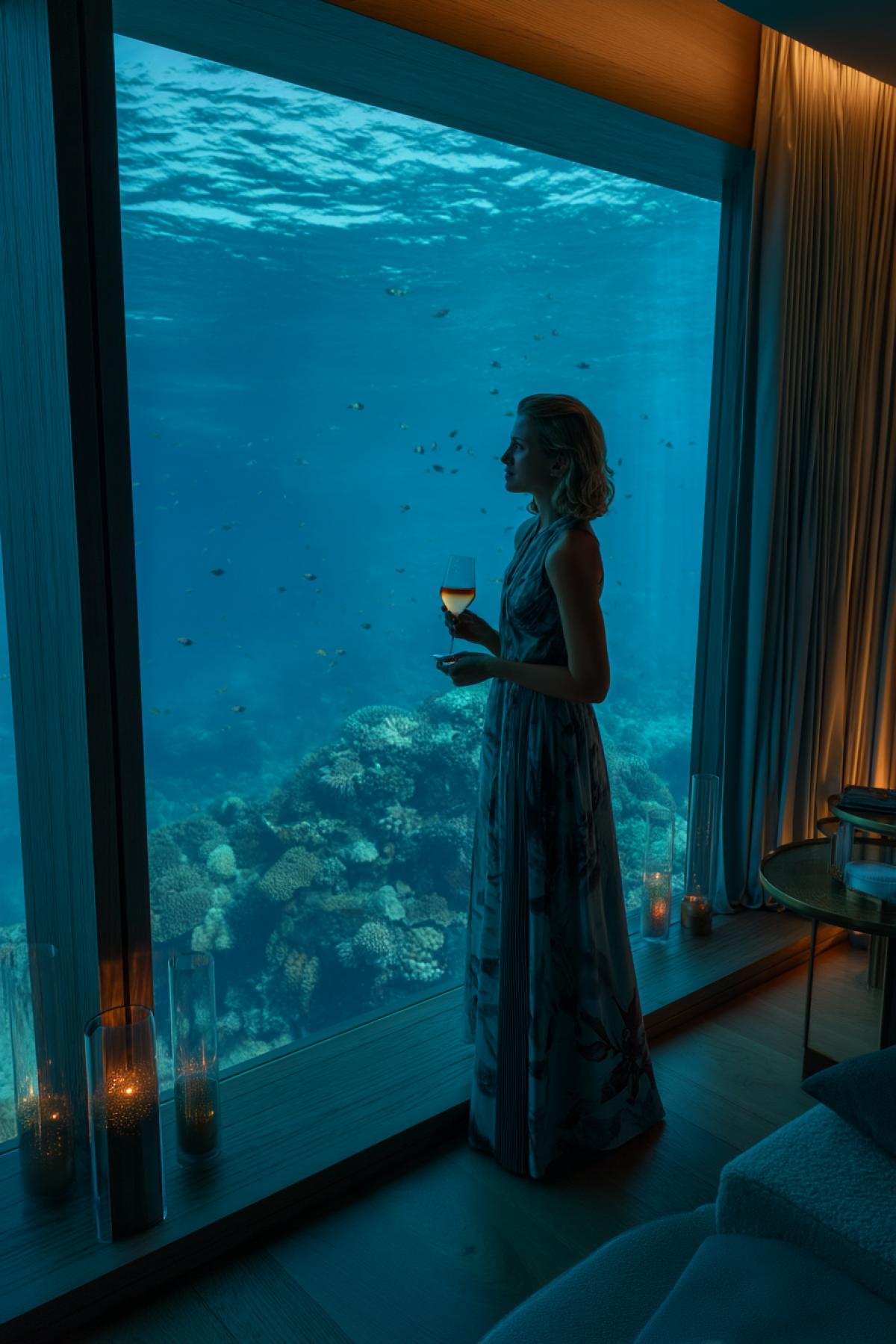 elegant woman in evening dress holding glass of wine, standing at floor-to-ceiling window of luxury underwater suite, illuminated ocean life outside, dim gold interior lighting, quiet and cinematic