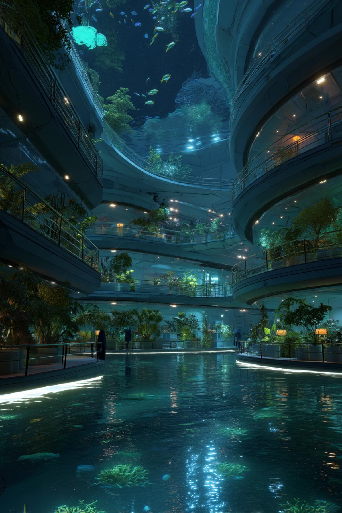 massive underwater hotel atrium filled with bioluminescent plants and corals, multi-level glass balconies surrounding the space, glowing sea life drifting through the water beyond, ambient lighting, futuristic eco-design