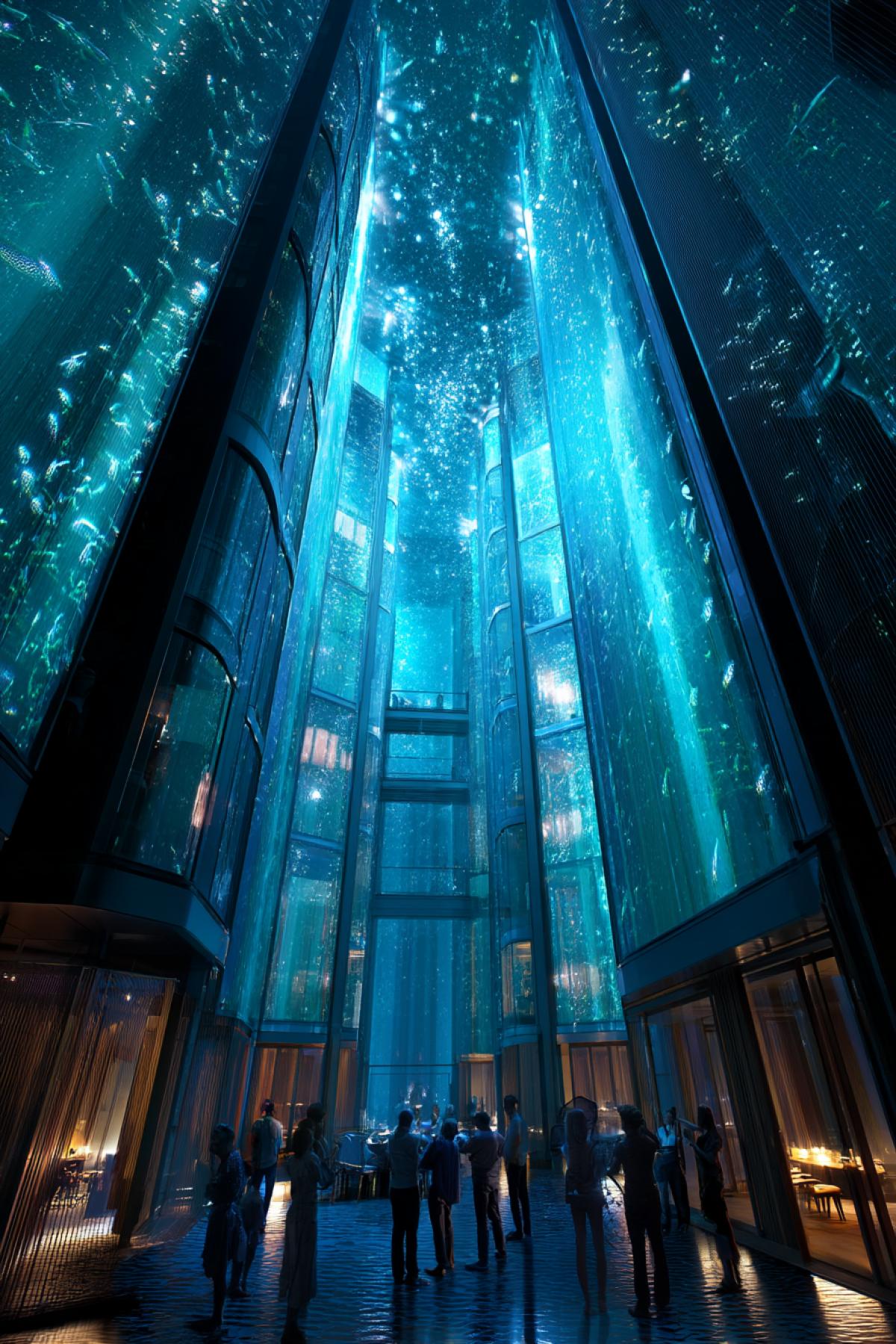 underwater hotel atrium with big cascading light installation resembling waterfall, flowing through vertical glass core, guests looking up in awe, luminous sea creatures around, surreal architectural space