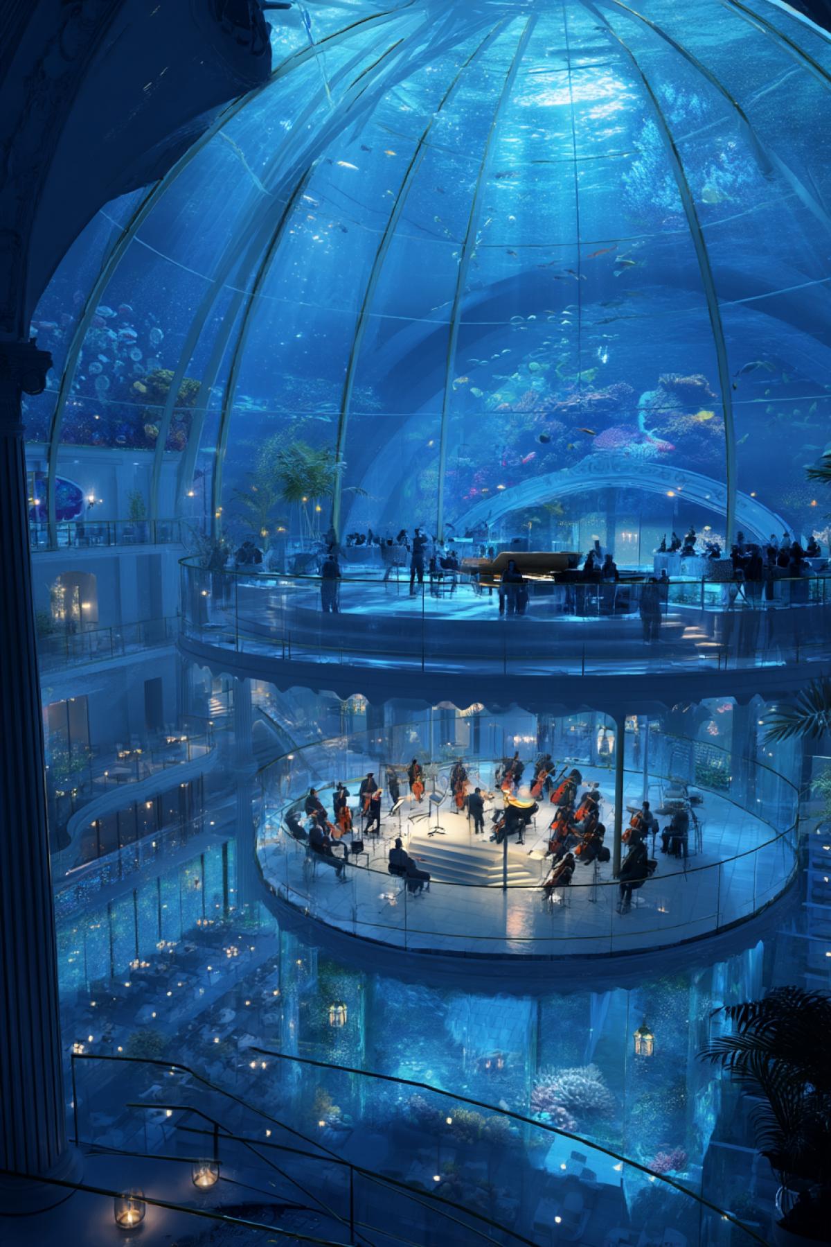 underwater hotel dome atrium with floating concert stage, musicians playing surrounded by glass and ocean life, audience in transparent balconies, deep blue ambiance, magical and elegant setting