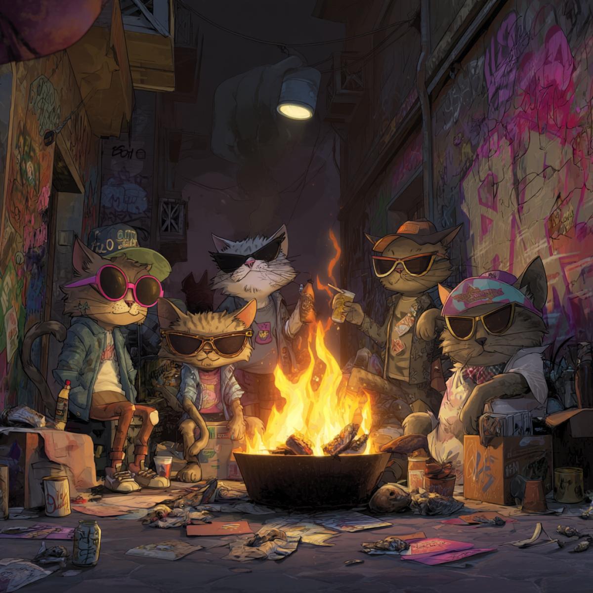 scrappy street cats throwing a chaotic party in a dim alley, wearing mismatched clothes and sunglasses, garbage can bonfire, cardboard furniture, fish bones as snacks, graffiti walls, wild and hilarious scene