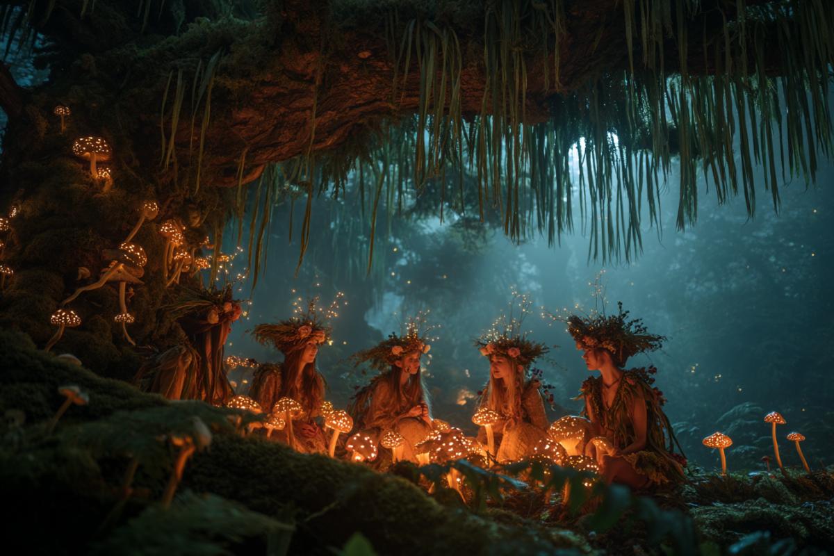 forest spirits and fairies gathering in ancient grove lit by glowing mushrooms and fireflies, dancing around tree roots, magical atmosphere, whimsical costumes, celebration of nature