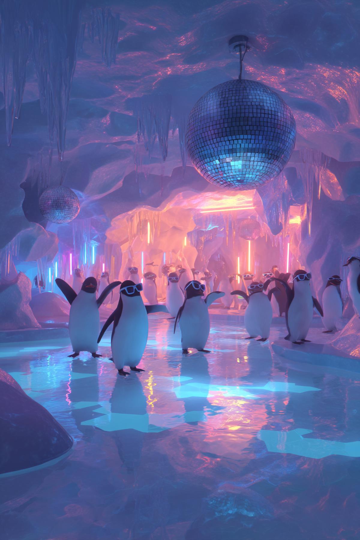 disco-themed party of penguins inside an icy cave, mirror ball hanging from a stalactite, neon lights reflecting on ice walls, penguins wearing sunglasses and dancing with flippers in the air, fun and surreal