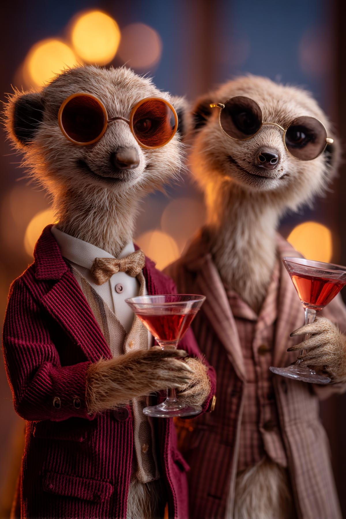 anthropomorphic meerkats at a fancy rooftop party, close-up portraits with mischievous smirks, holding cocktail glasses in their paws, dressed in sleek evening outfits, vibrant lighting, cinematic bokeh, stylish and cheeky mood