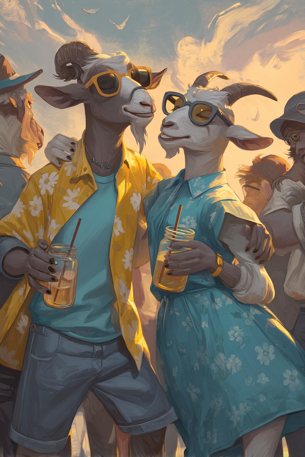 anthropomorphic goats at a rooftop party, wearing vintage hipster clothes, some with man buns and tiny glasses, mid-dance, holding mason jar cocktails, ironic expressions, sunset lighting, indie vibe