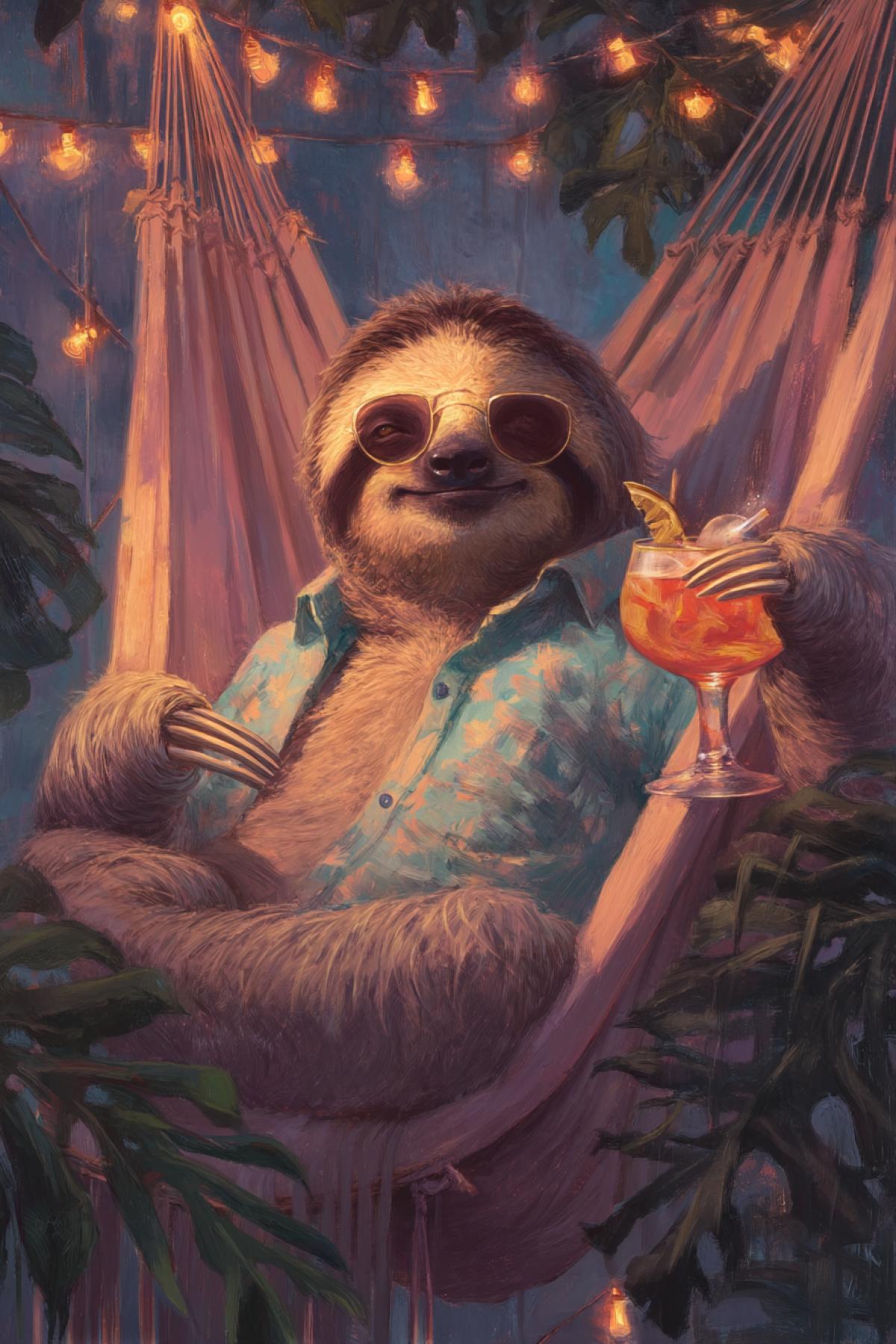 anthropomorphic sloths at a chill evening garden party, lounging in hammocks with cocktails, some luxuryly moving to the beat, dreamy lighting with fairy lights, slow smiles, whimsical and relaxing mood