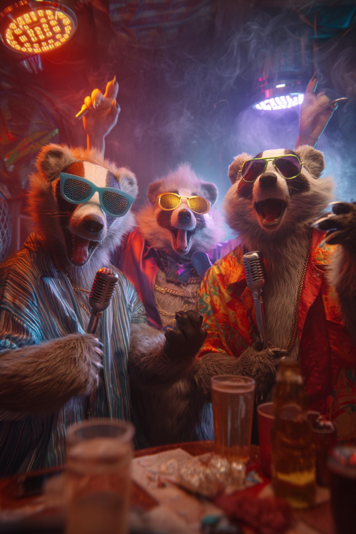 anthropomorphic badgers at a neon-lit karaoke bar, ately singing into microphones, wild gestures, drinks on the table, mismatched party outfits, chaotic and hilarious mood, smoke machine in background