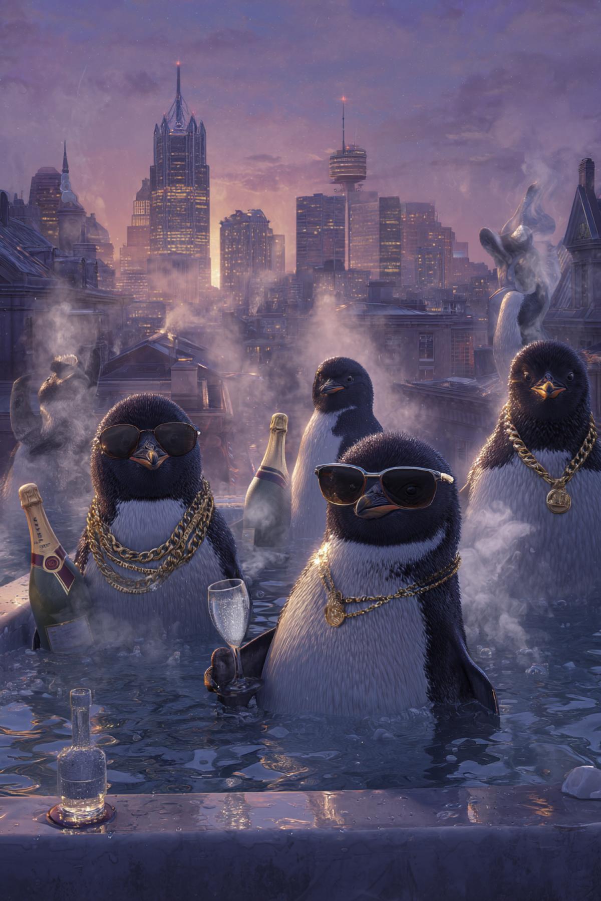 anthropomorphic penguins at a rooftop jacuzzi party, wearing gold chains and sunglasses, champagne bottles popping, city skyline behind them, steam rising, dripping with ridiculous luxury