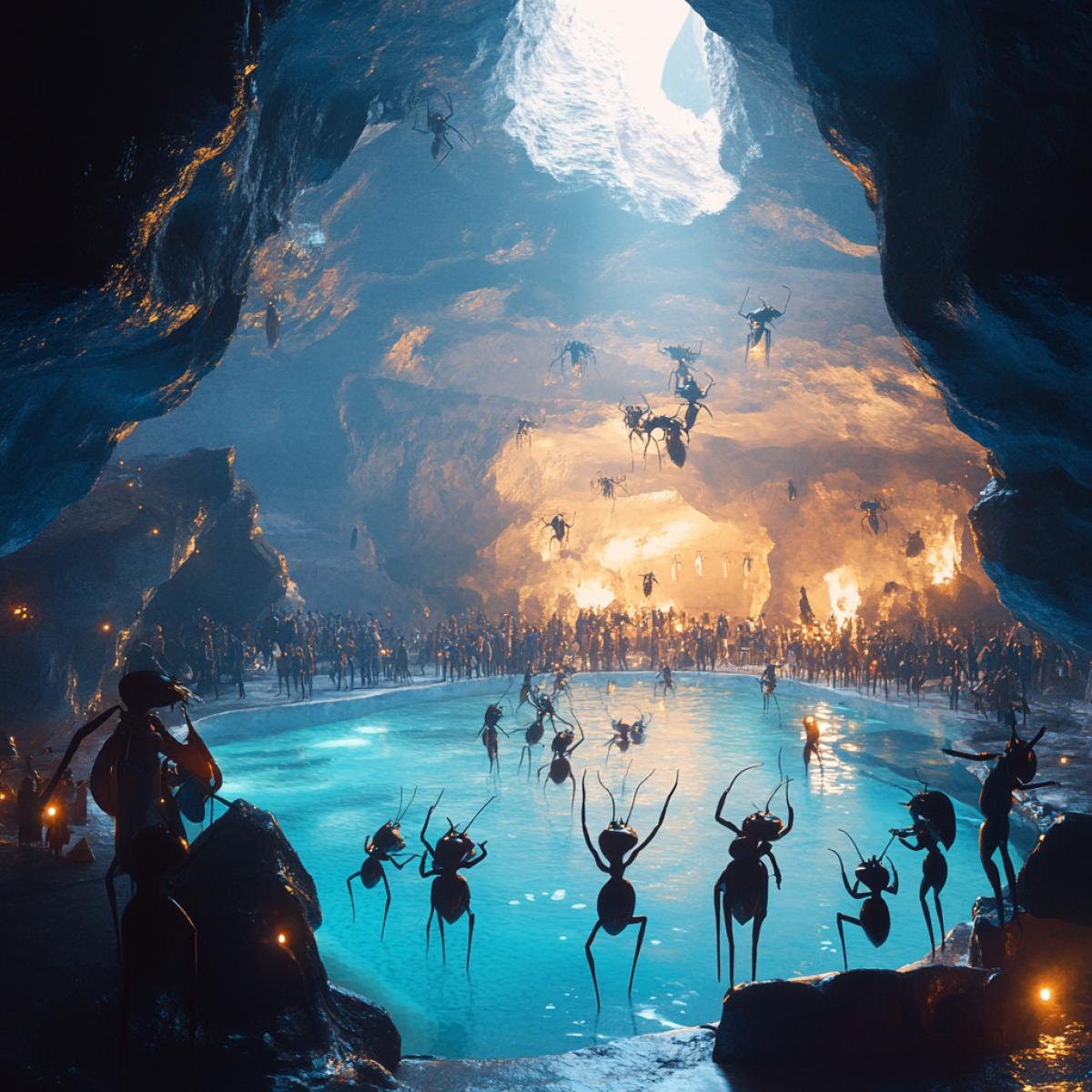 Ants party somewhere underground. A bunch of people, light music. Pool with a party against the background