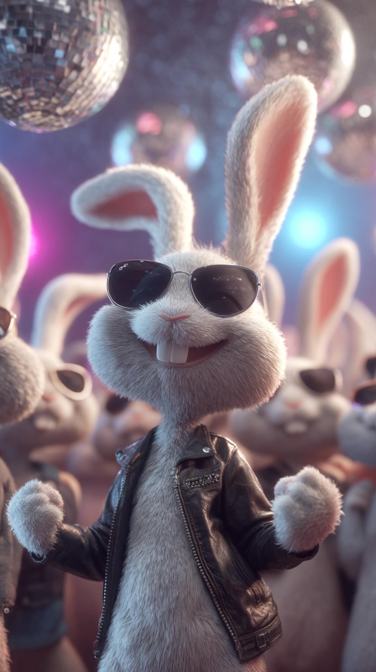A crowd of white rabbits with long ears wearing sunglasses. In the style of rockNroll, smiling, sticking out the tongue, in a leather jacket, creating a dancing 4k against the background of the dance floor. Rabbits at the disco. Sofites. Disco ball mirror. Disney Pixars digital art, trends in the CG and BeHance society, high resolution.