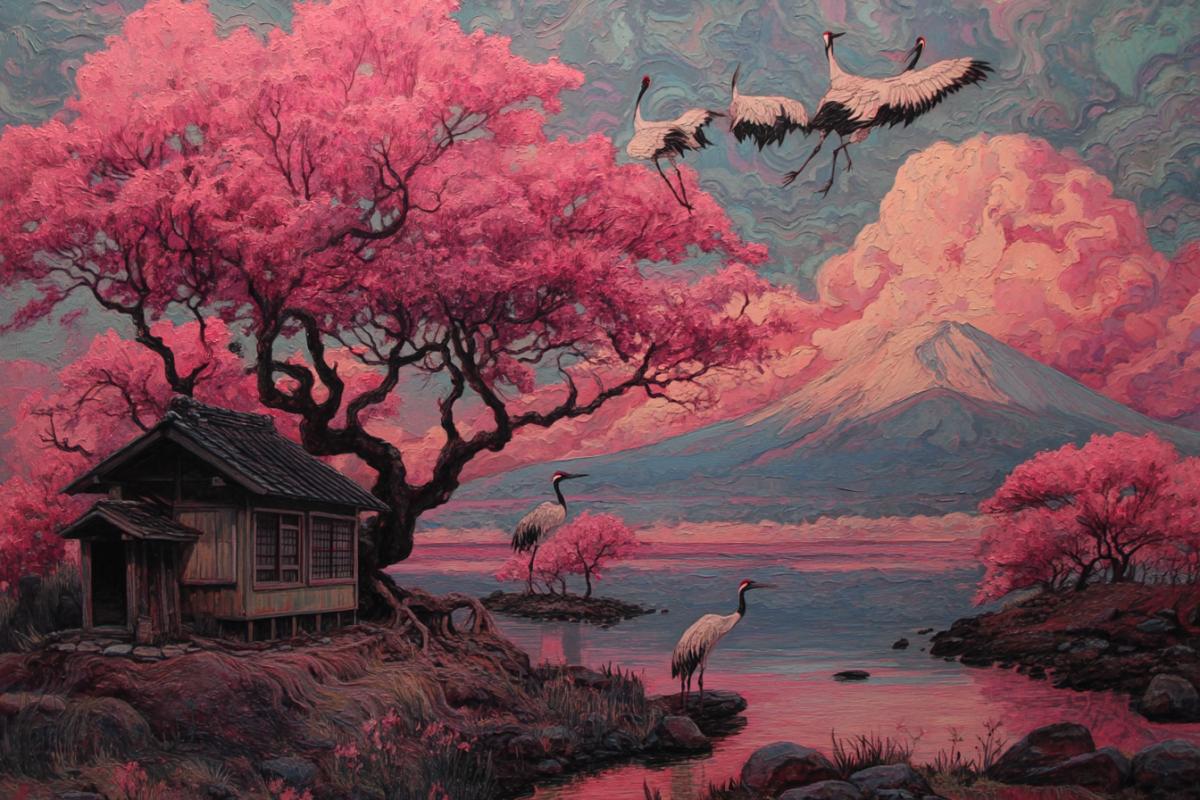 Japanese painting, Japanese lonely house on the shore, Sakura, Cranes, Fuji, House on the left in the foreground, Japanese surrealism