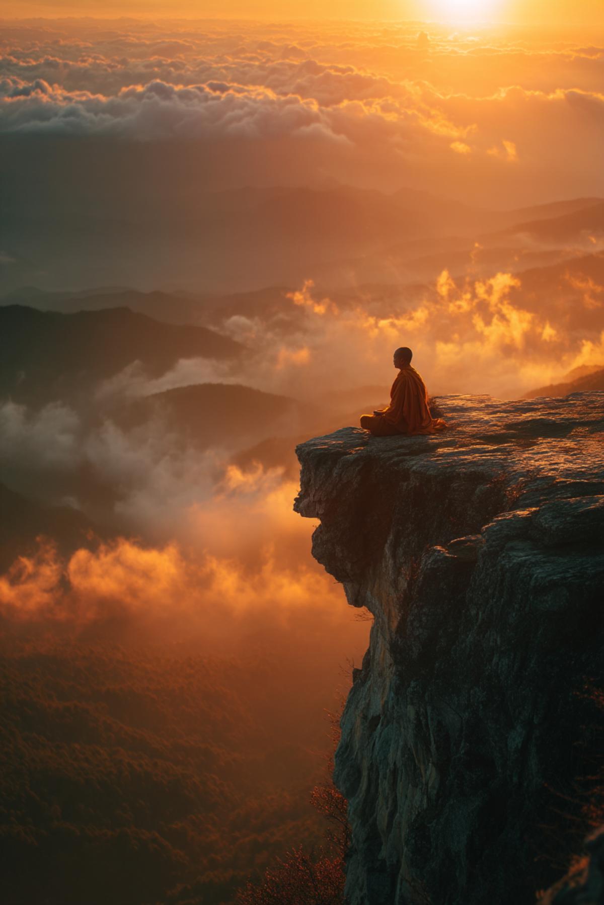 buddhist monk meditating at the edge of a high mountain cliff, surrounded by clouds, minimal golden sunset, vast landscape stretching below, deep peace and silence