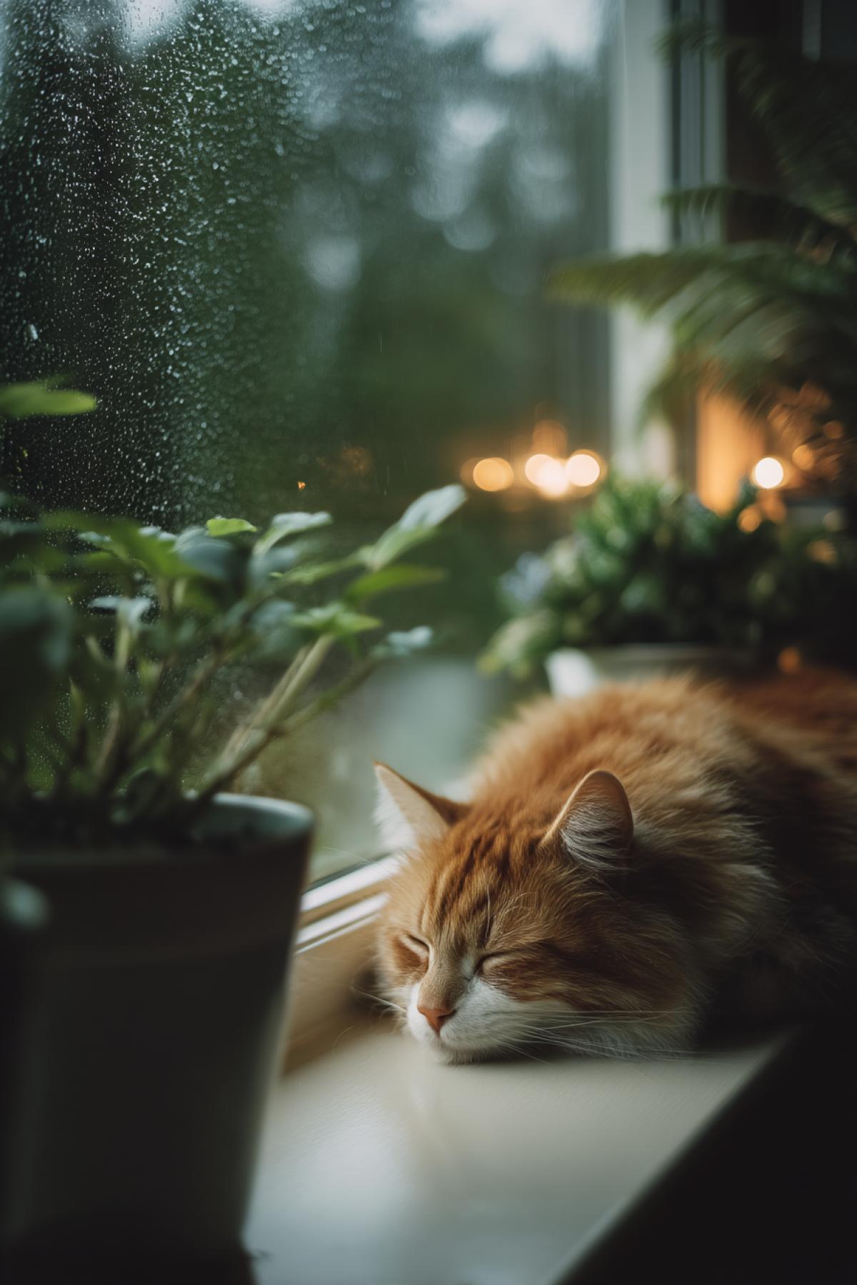 cozy cat resting on a windowsill, warm light inside, raindrops on the window, outside blurred greenery and soft rain, peaceful domestic moment