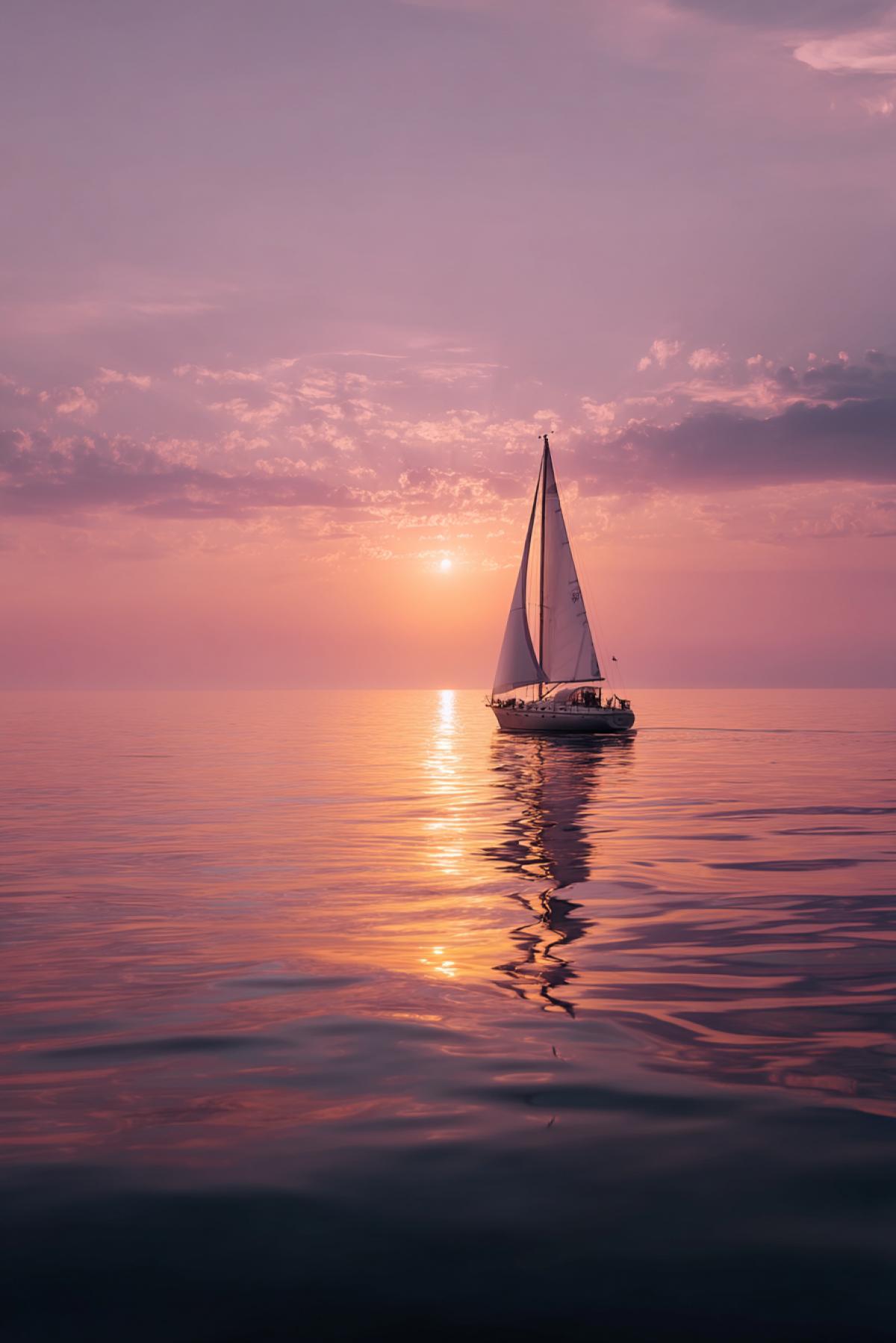 lonely sailboat floating on a perfectly still sea, pink and golden sunset reflecting on water like glass, soft ripples luxuryly touching the boat, sails catching the warm light, horizon glowing with serenity