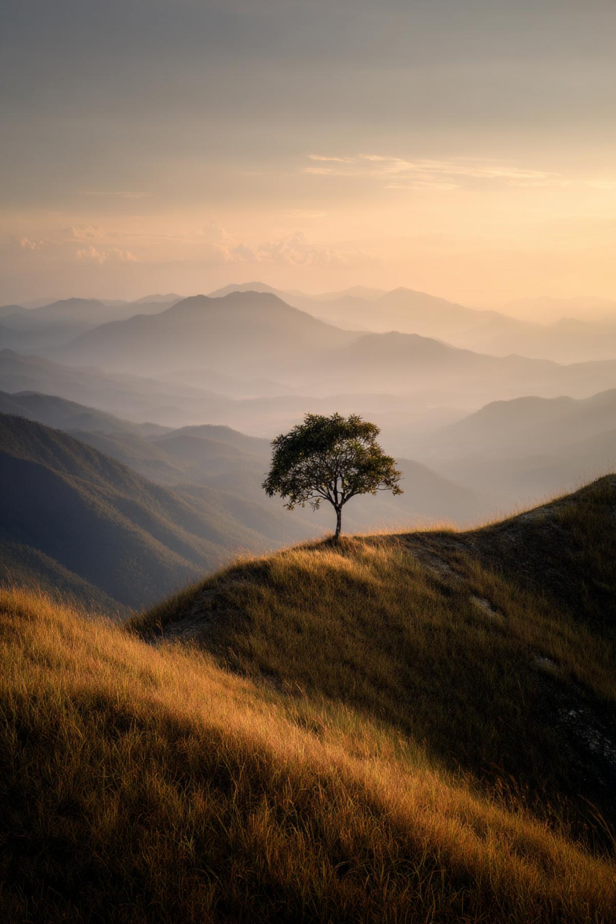 solitary tree on a quiet mountain ridge at sunset, soft golden light, layered misty mountains in the distance, gentle wind in the grass, peaceful and introspective mood