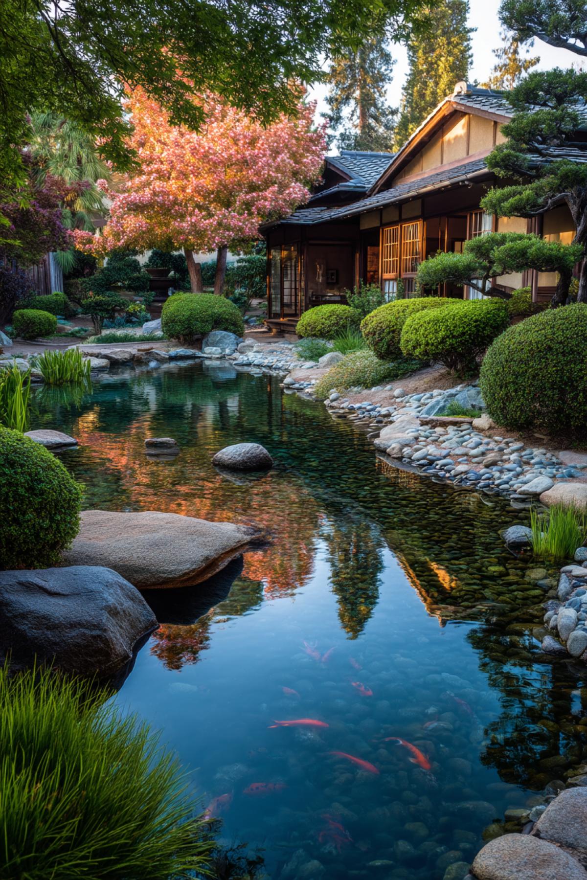 traditional Japanese garden with koi pond, still water reflecting cherry blossoms, smooth stones and trimmed bushes, early morning light, perfect serenity and balance