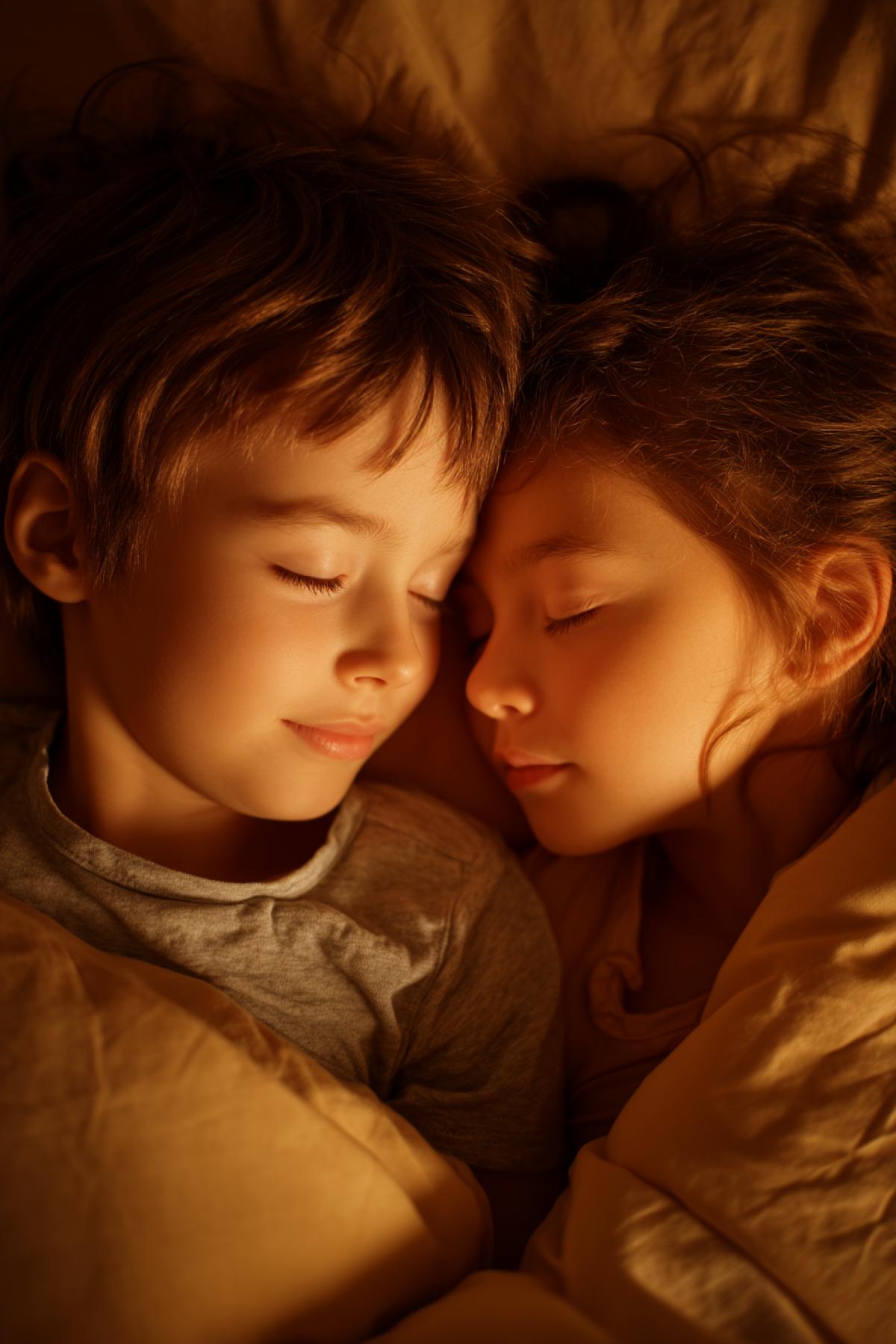 two sleeping children, boy and girl, cuddled together peacefully, gentle smiles on their faces, soft bedding, warm golden lighting, cozy bedroom atmosphere, overhead perspective, emotional and tender com4k