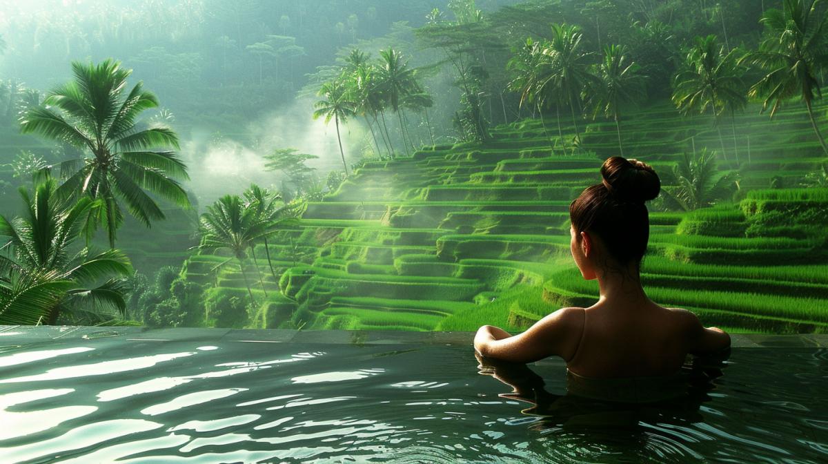Bali Island, a woman in the infinity pool, a view from the back, against the background of rice terraces, palm trees. Silence, serenity, mystery, enjoyment. Photo of high quality