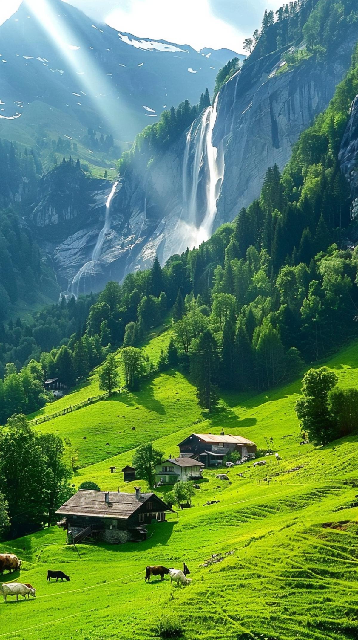 The village in the mountains, cows graze, mountains against the background, waterfall, serenity, summer, rays of the sun photo
