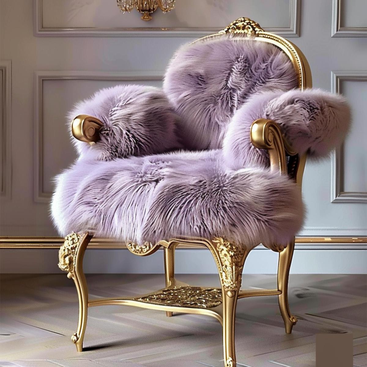 A luxurious Beaux-Arts-style vanity chair with a gold frame and a lavender faux fur cushion and backrest