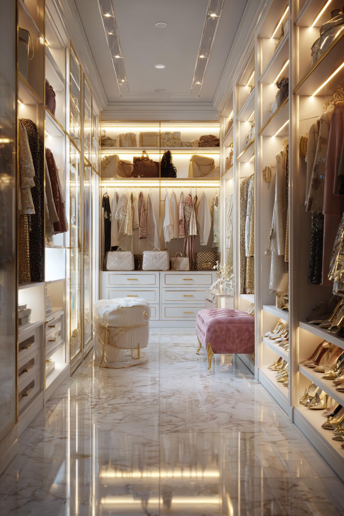 luxurious walk-in closet with designer clothes, shelves full of handbags and high heels, golden lighting, marble floor, elegant and organized