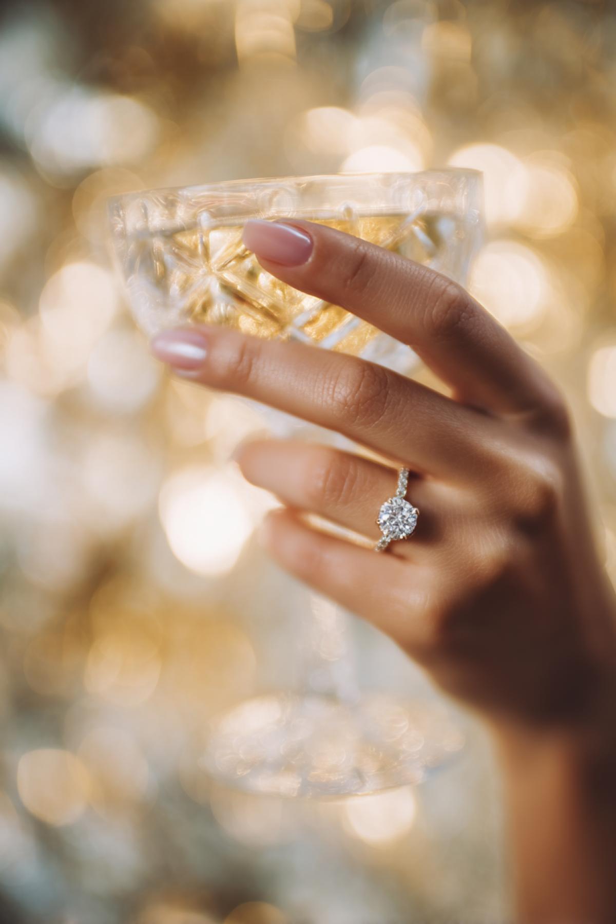 close-up of a womans hand wearing a diamond ring, holding a crystal champagne glass, soft background with golden bokeh, elegant and glamorous
