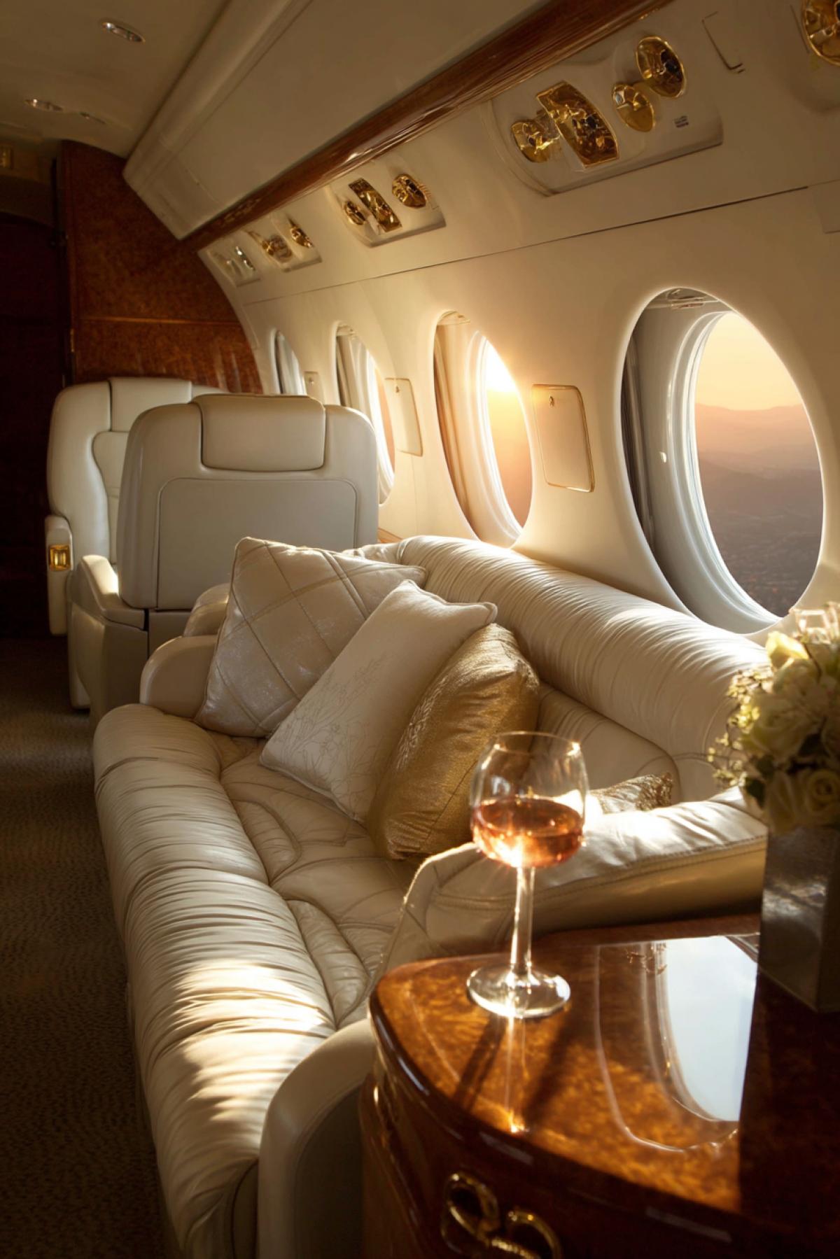 interior of a private jet, white leather seats, golden accents, sunset light streaming through windows, a glass of wine on a polished table