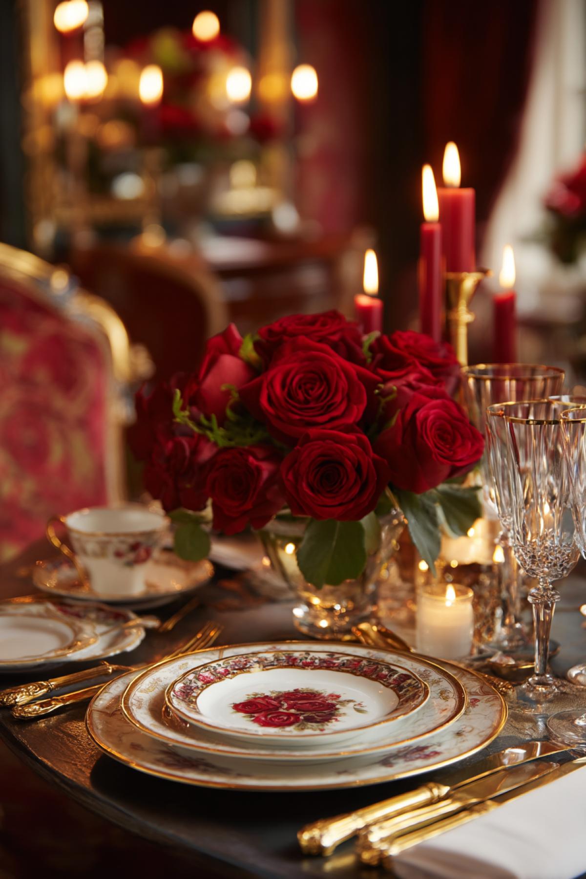table set for two with fine china, gold cutlery, red roses in a vase, candles burning softly, romantic luxury dinner setup