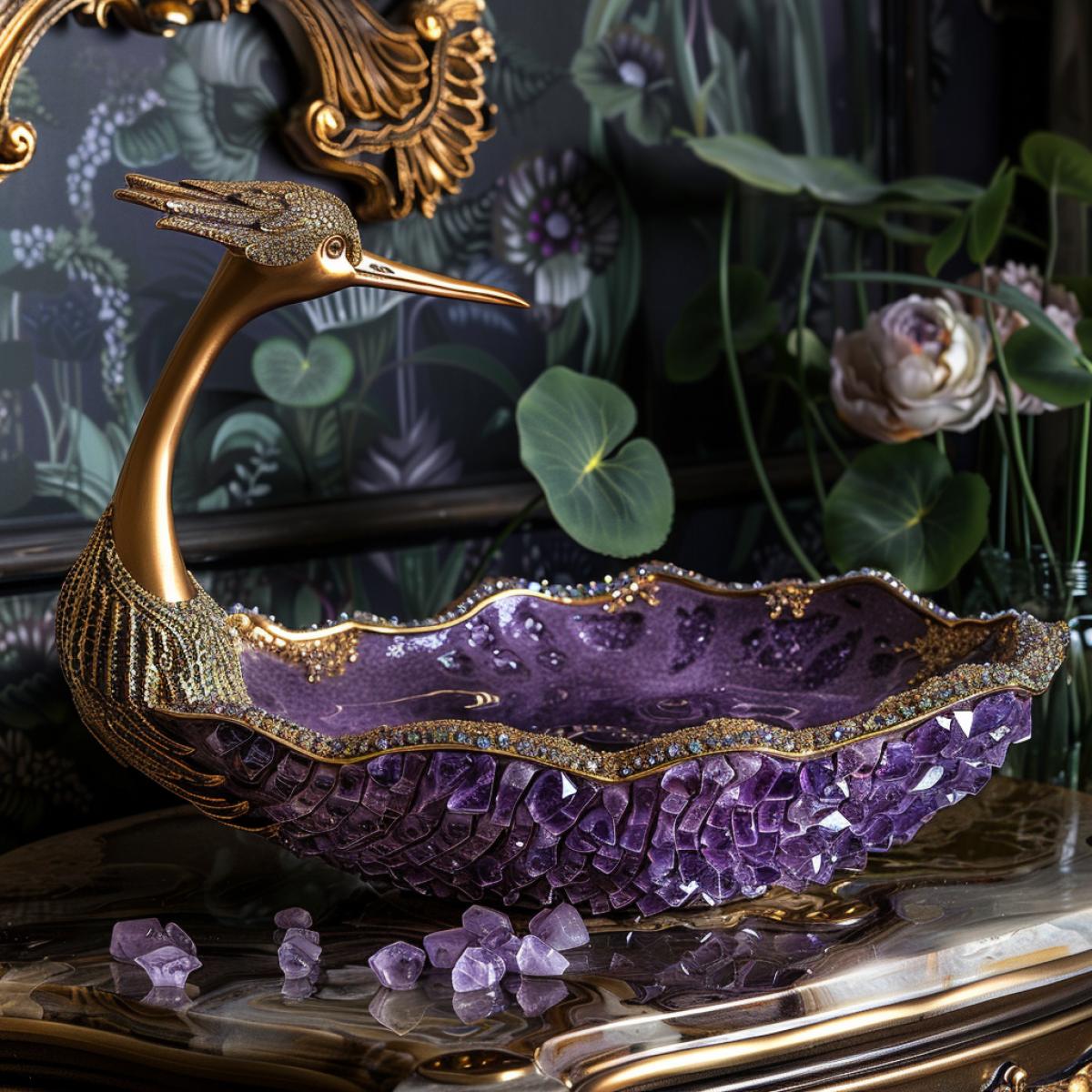 A washbasin in the bathroom, a luxurious shell of purple amethysts, precious stones, a golden beautiful crane, green flora, expensive, rich, luxury, exquisite. Photo of high quality