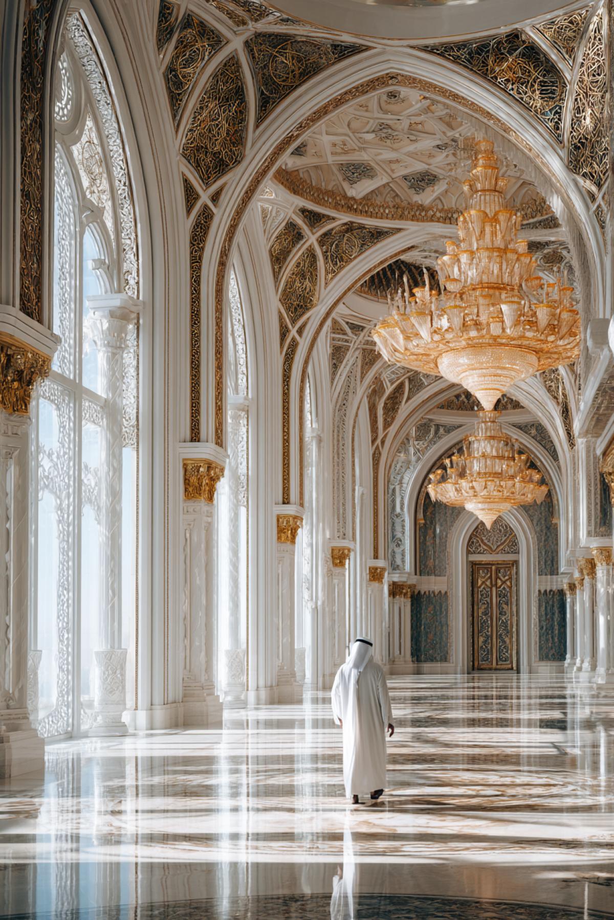 palatial arabic palace interior, golden chandeliers, marble floors, intricate arabesque patterns, massive arched windows, white-robed sheikh walking across hall, rich sunlight, maximalist luxury