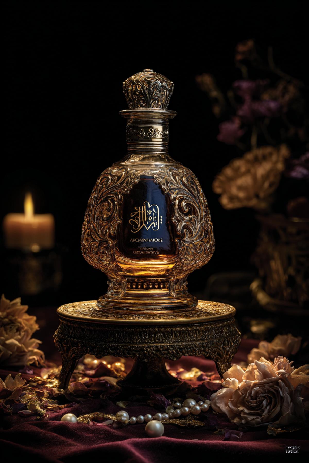 opulent perfume bottle on a velvet pedestal, gold filigree design, glimmering in warm spotlight, surrounded by petals and pearls, elegant and luxurious still life