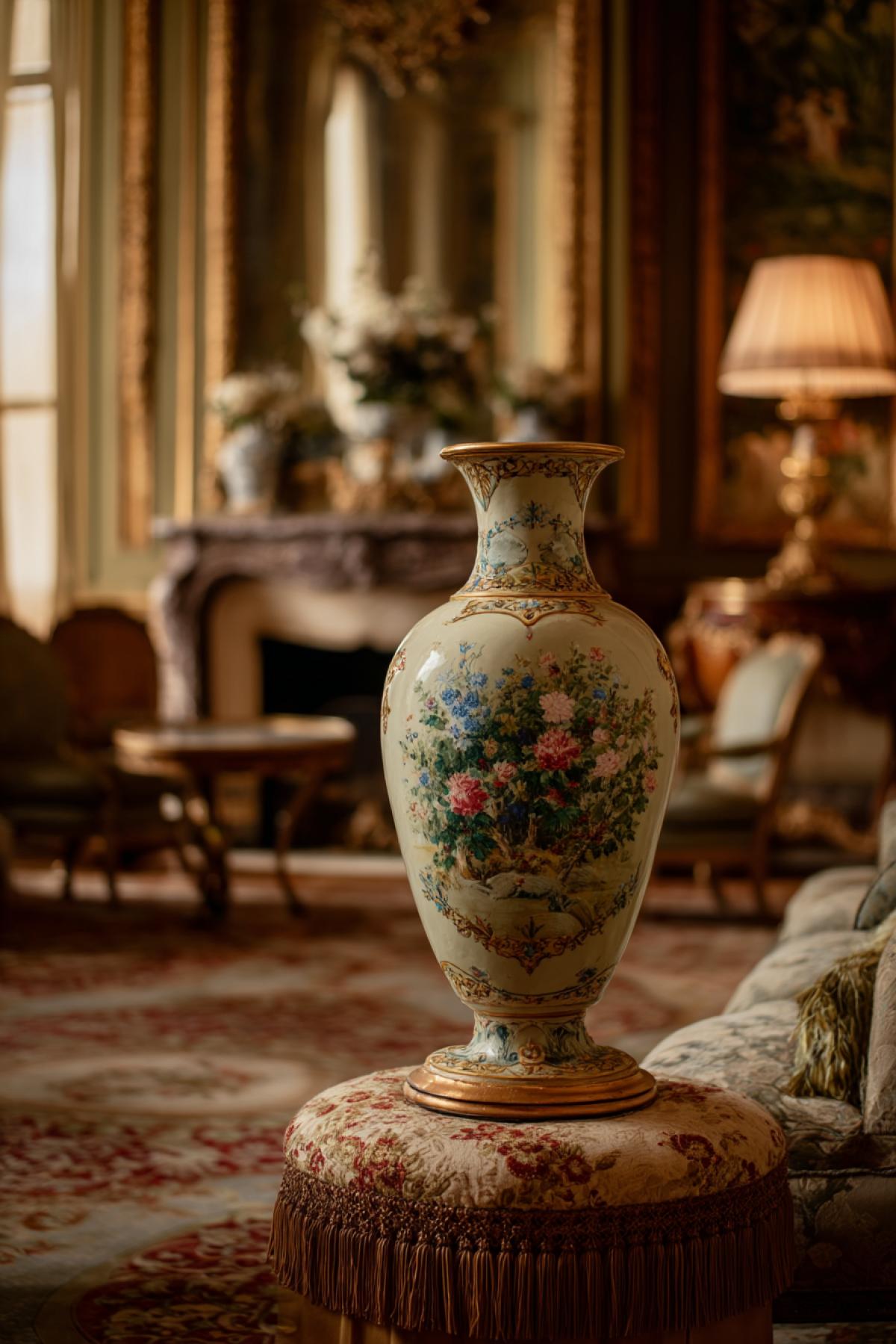 hand-painted porcelain vase from Versailles, perched on silk-covered pedestal, surrounded by faded tapestries and rococo furniture, soft museum lighting