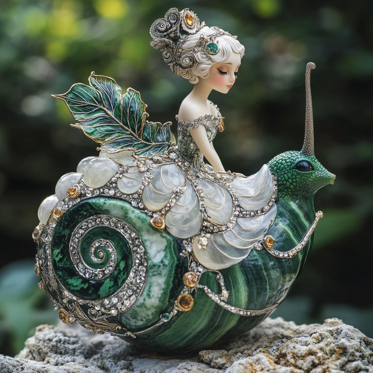 photo, malachite snail, the shell is decorated with silver and gold curls, diamond chips, on a green emerald stone in the shape of a leaf, a girl in a dress made of white rose quartz sits on the snail, she has large sapphire eyes, coral lips, a beautiful face, hyperdetail, high definition
