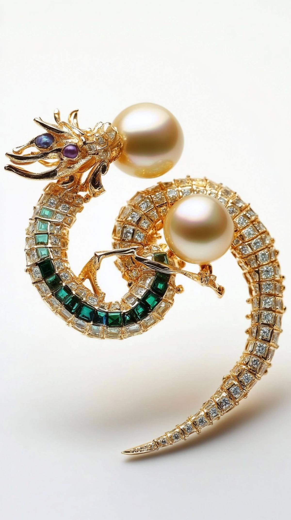 ALLIGART brooch with golden pearls and green diamonds in 18 karate yellow gold from the Izhevsk jewelry house
