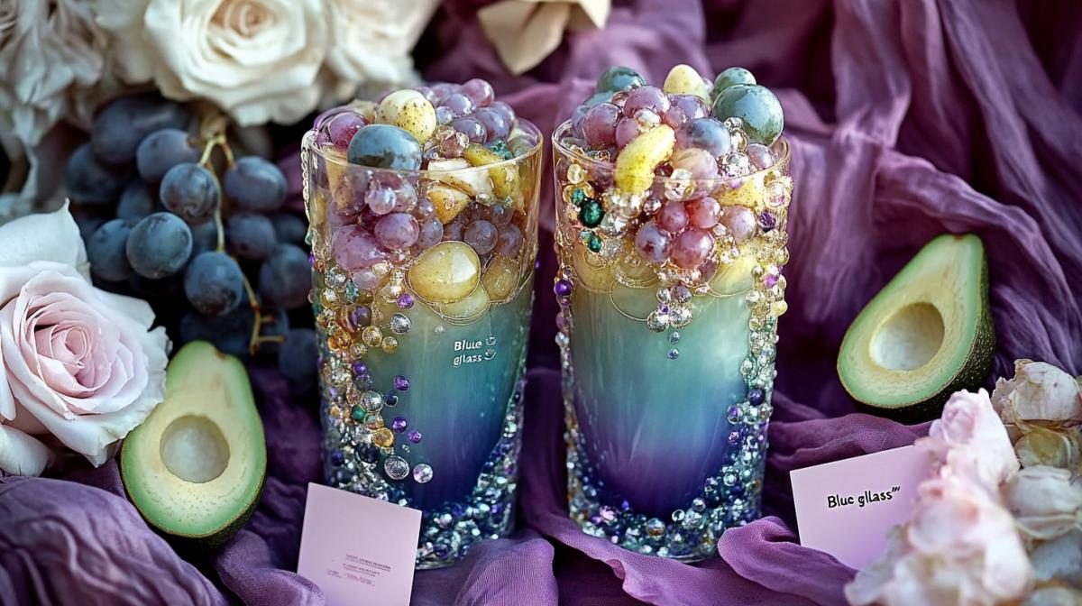 Product photography, commercial shooting of purple green gradient milk tea and fruit salad in transparent plastic cups with the brand name \"Blue glass\" printed on them, placed next to each other on an elegant table covered in a dark lilac cloth. The scene includes fresh flowers, grapes, avocados, white roses, light pink gift cards with text written on them, and the background is purple. High resolution photography in the style of the best quality