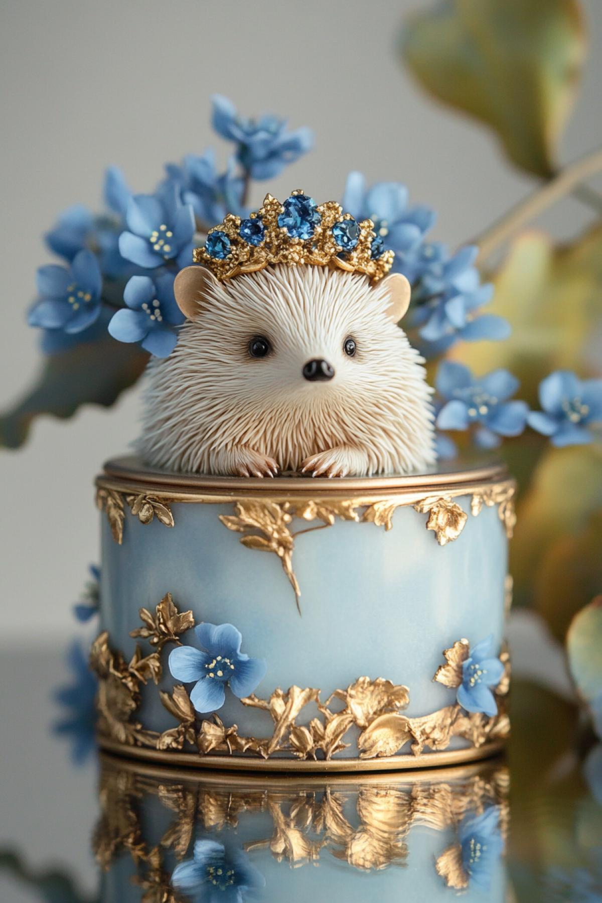 Jade box Cute hedgehog in a gold cap with blue sapphire forget-me-nots on the back, in the style of Isabelle Arsenault and Tracey Greenwood, on a reflective surface