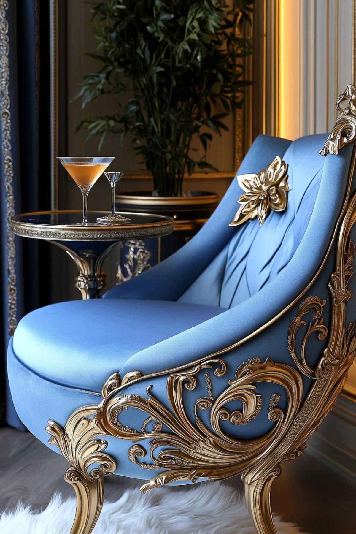 cozy velvet blue armchair gold decorations and embroidery with built-in mini table, martini on the table. rug dark and white fluffy on the floor. Cozy atmosphere with a touch of surrealism Luxury hotel room with rich room instruction and green flowers in pots