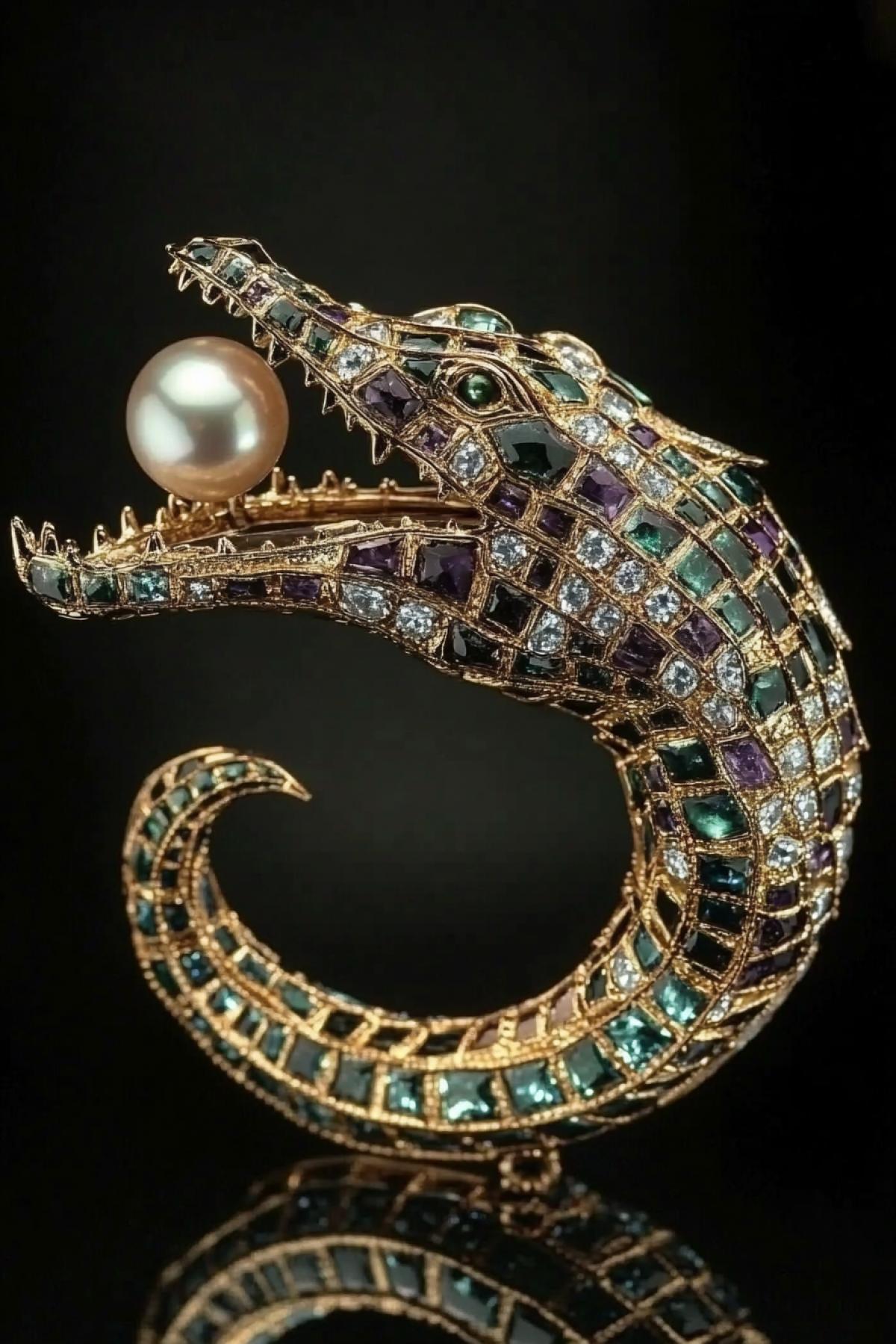 A luxurious, ornate brooch featuring a large, intricate alligator head with a pearl in its mouth, on a dark background. The alligator head is adorned with various gemstones and has a shiny metallic finish. The pearl is round and shiny, adding a touch of elegance to the piece. The brooch has a rich, royal look, the gracefully curved of the alligator, and the alligator head is the centerpiece, demonstrating craftsmanship and attention to detail.