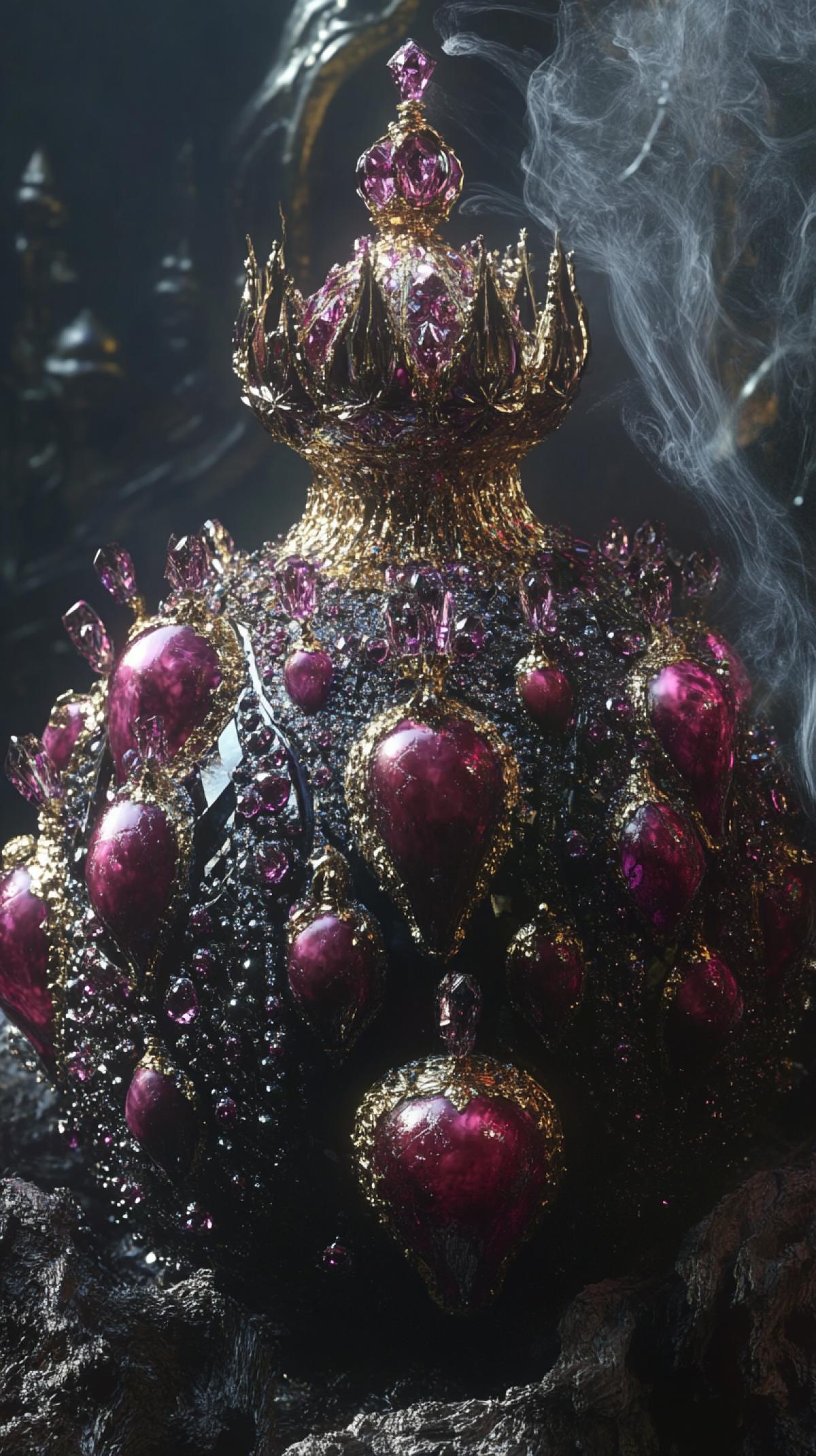 Large 3D magic object made of dark and gold glossy material, decorated with Swarovski crystals in the form of pomegranate fruits. The object is created from fractals of water, precious metals and smoke. The image has professional photo quality with hyper-detailed and beautiful elements.