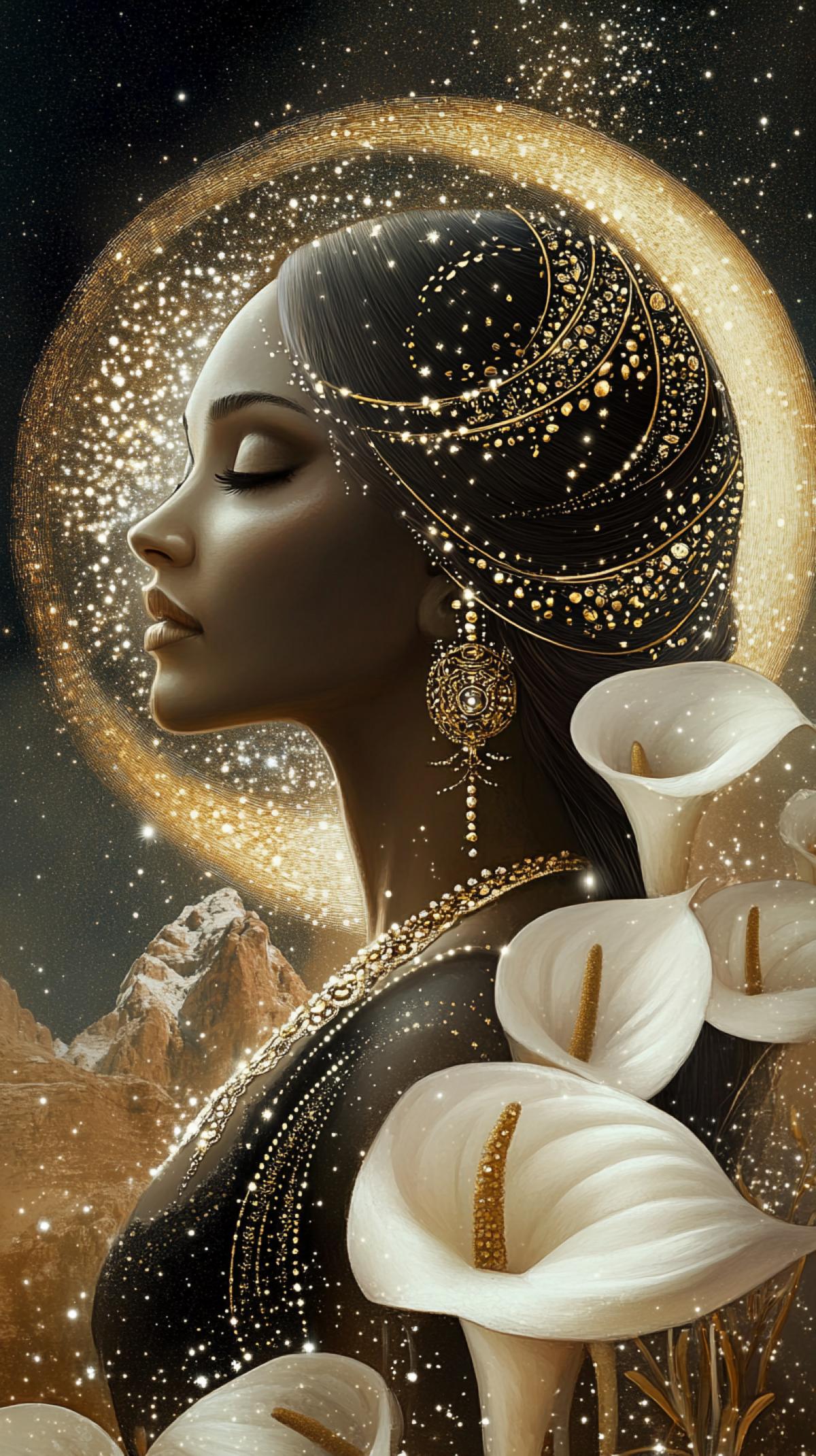 A woman with a serene expression, adorned with intricate gold jewelry and headdress, against a backdrop of space, the moon encircling her head, with distant mountains Her hair is elegantly styled, and she is surrounded by a flurry of sparkling particles and white Calla Lily flowers, no captions