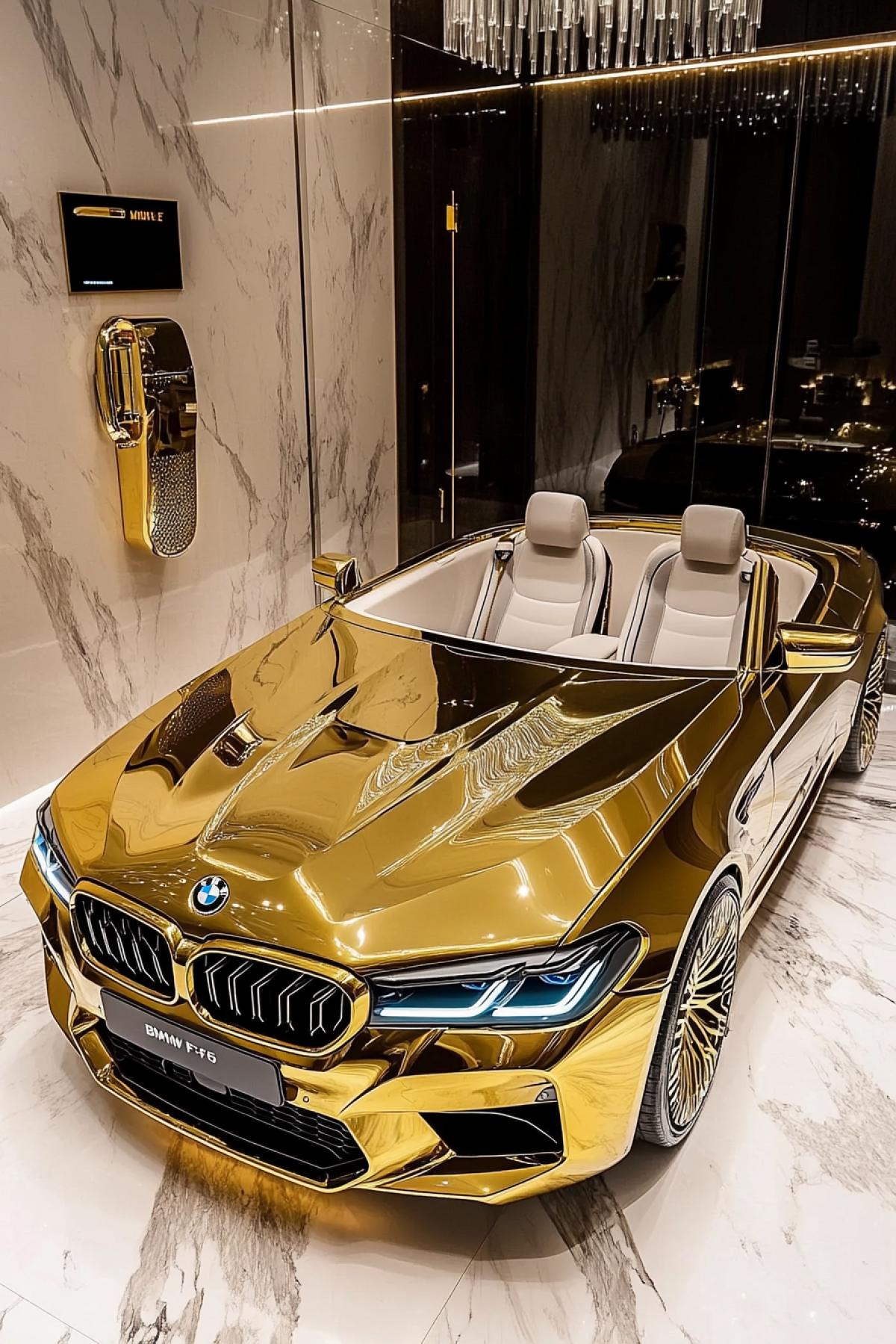 The worlds most luxurious gold bathtub, designed to look like a BMW M5 F90. The bowl is shaped like the front of the car and features iconic BMW elements such as the logo on top. It features chrome accents, a gold and platinum color scheme with gold and crystal details, next to the handbrake caliper-shaped handles made of gold steel. A small reflective scale near the seat shows the license plate in the style of the same car model. There is also a wall-mounted gold hairdryer