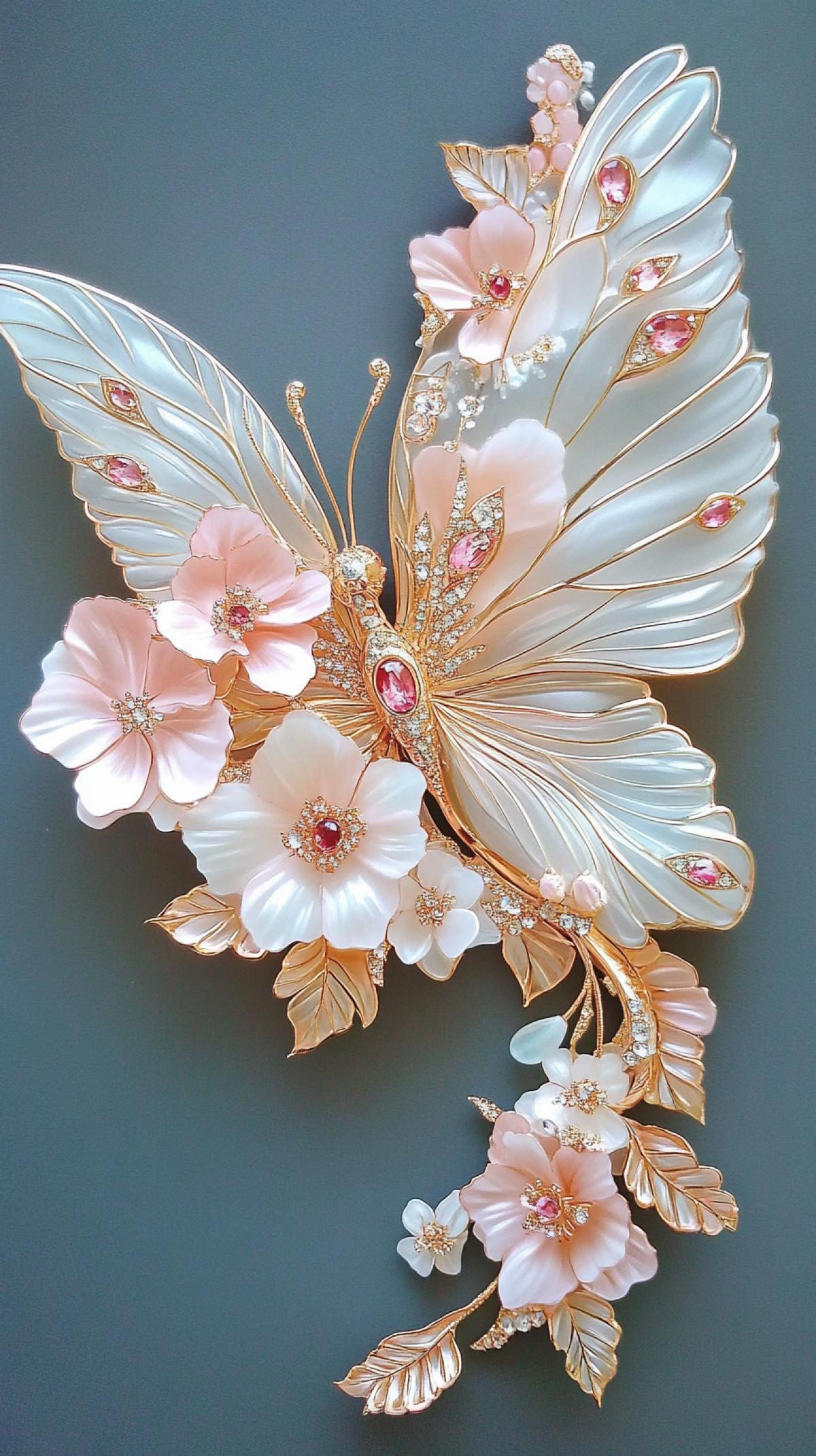 A lifelike butterfly in yellow and rose gold. Part of it is made of fully transparent glass, filled with colorful flat blooming bright dried flowers, the eyes are inlaid with dazzling rubies, super delicate and detailed gold lines, surreal, natural light, on a clean dark background. Looking down, birds eye view.
