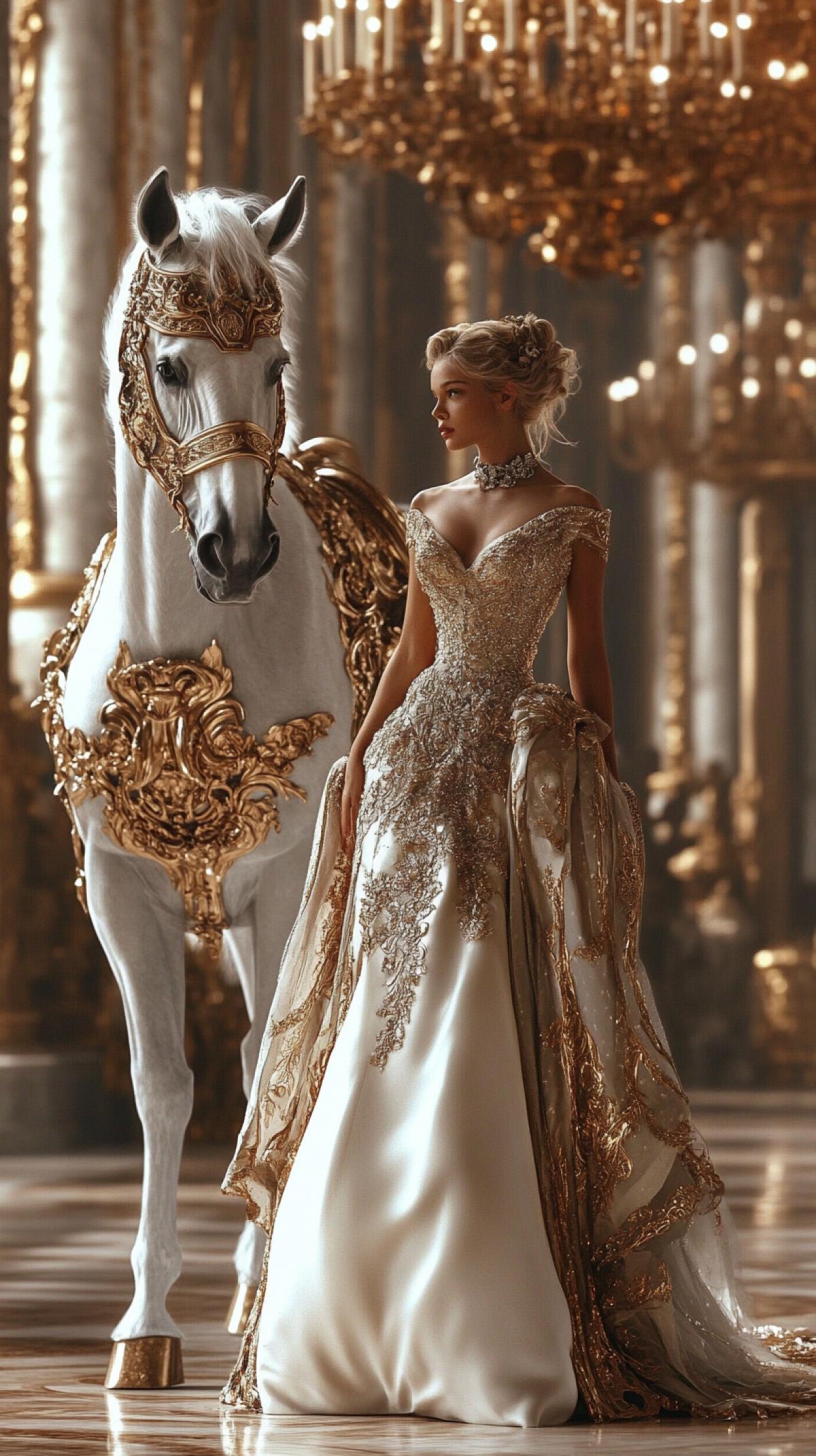 In a dazzling Versailles-inspired ballroom, a princess in her early 20s walks confidently, wearing a high-fashion gown with gold floral embroidery, pearls, and silk. Dominating the marble floor behind her, a 5-meter-tall king with the head of a majestic horse marches forward. His muscular physique glistens beneath his velvet and brocade royal robes. His eyes are sharp and noble, and his massive hooves echo through the grand hall like a war drum. Golden chandeliers rain light down onto gilded mirrors and baroque walls, casting shadows that stretch from the king’s broad shoulders to the distant corners. The contrast between the delicate royal grace of the princess and the thundering presence of the horse-headed king creates a surreal, majestic vision. v 7.0 ar 9:16 chaos 5 s 750