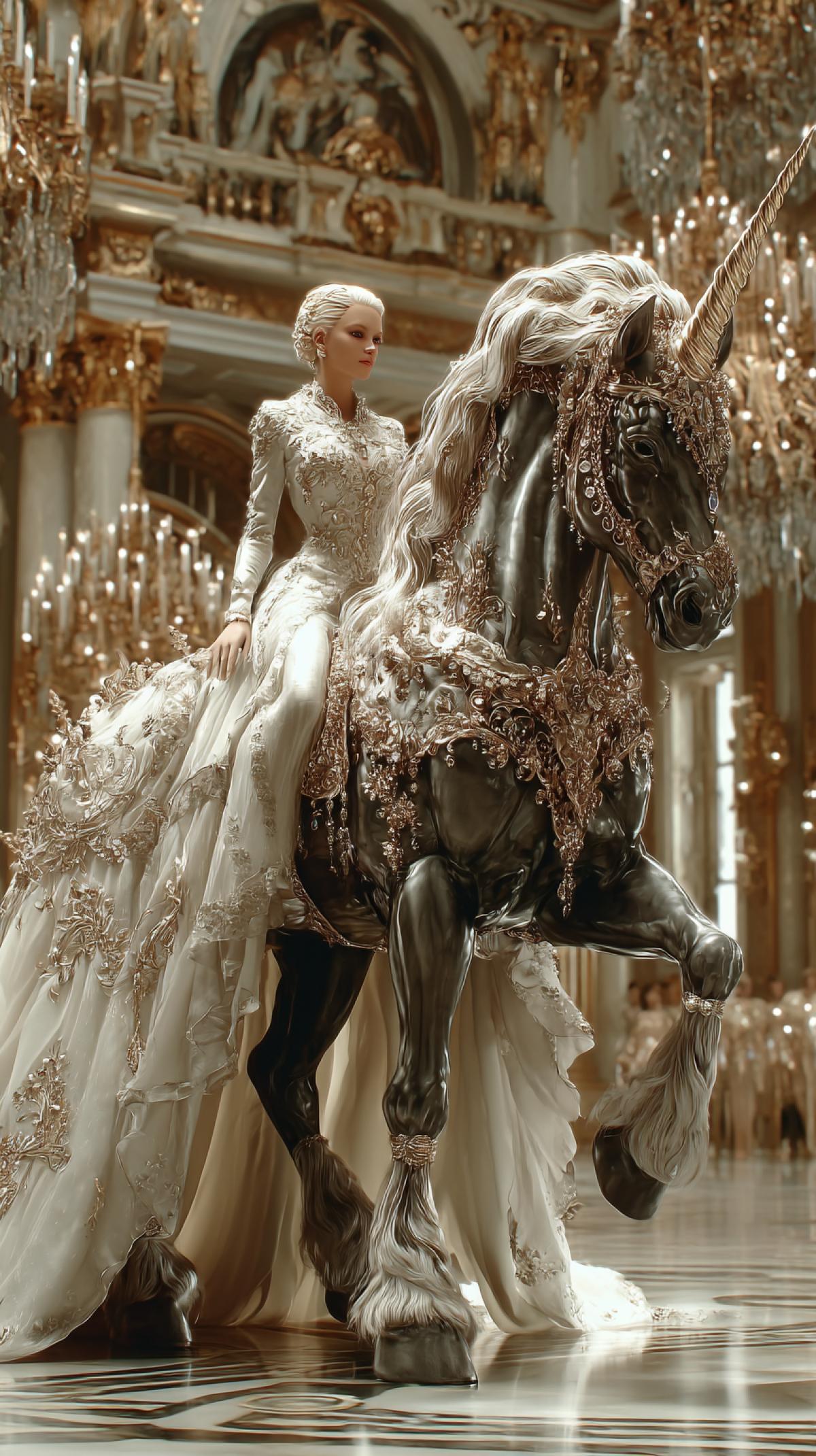 In a dazzling ballroom inspired by Versailles, a blonde princess in her early 20s strides confidently with a charming smile, dressed in a fashionable gown with gold floral embroidery, pearls and silk. Dominating the marble floor behind her, a 16-foot-tall Unicorn with the head of a majestic horse, dark velvet, marches forward. His muscular frame gleams beneath his velvet and brocade royal robes. His eyes are sharp and noble, and his massive hooves echo around the grand hall like a war drum. Golden chandeliers shed light on gilded mirrors and baroque walls, casting shadows that stretch from the horse’s broad shoulders to the far corners. The contrast between the princess’s gentle, regal grace and the thunderous presence of the Unicorn with the horse’s head creates a surreal, majestic vision.