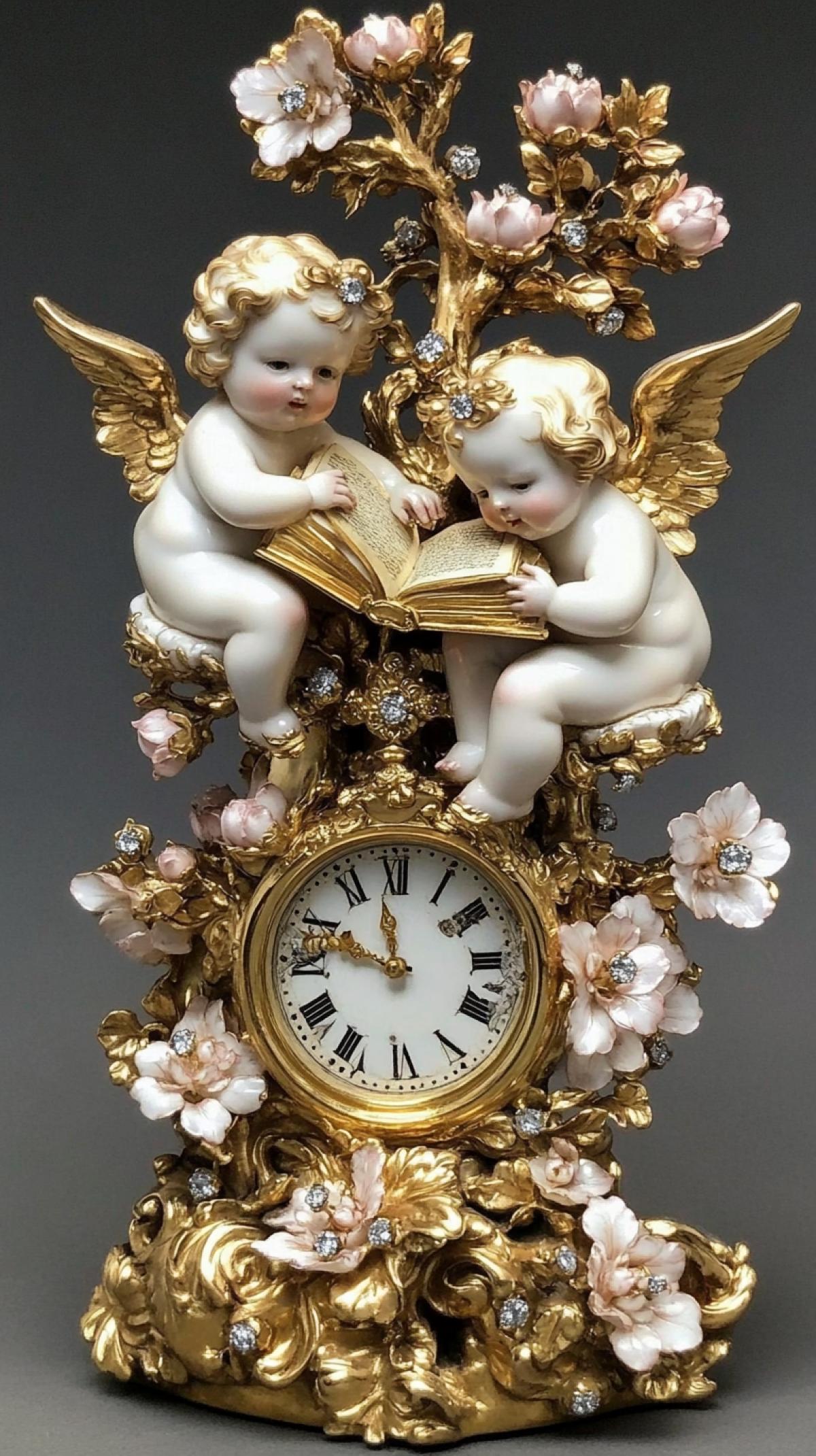 Meissen porcelain, two small porcelain statuettes depicting angels who read a golden book, at the foot of a golden clock, located on a golden and intricate tree trunk, sprinkled with precious flowers with diamond inserts. Handmade, in ancient rococo style. Gold, diamonds, ametists
