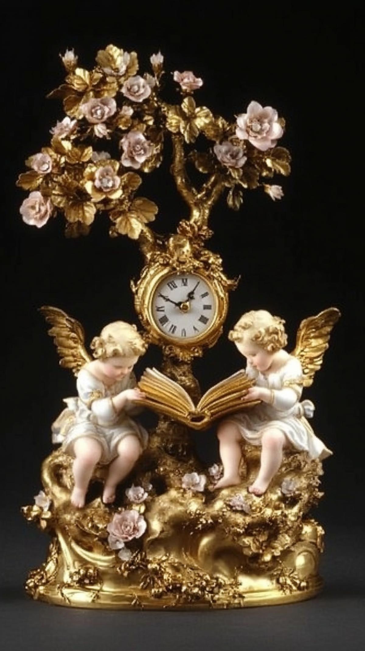 Meissen porcelain, two small porcelain statuettes depicting angels who read a golden book, at the foot of a golden clock, located on a golden and intricate tree trunk, sprinkled with precious flowers with diamond inserts. Handmade, in ancient rococo style. Gold, diamonds, ametists