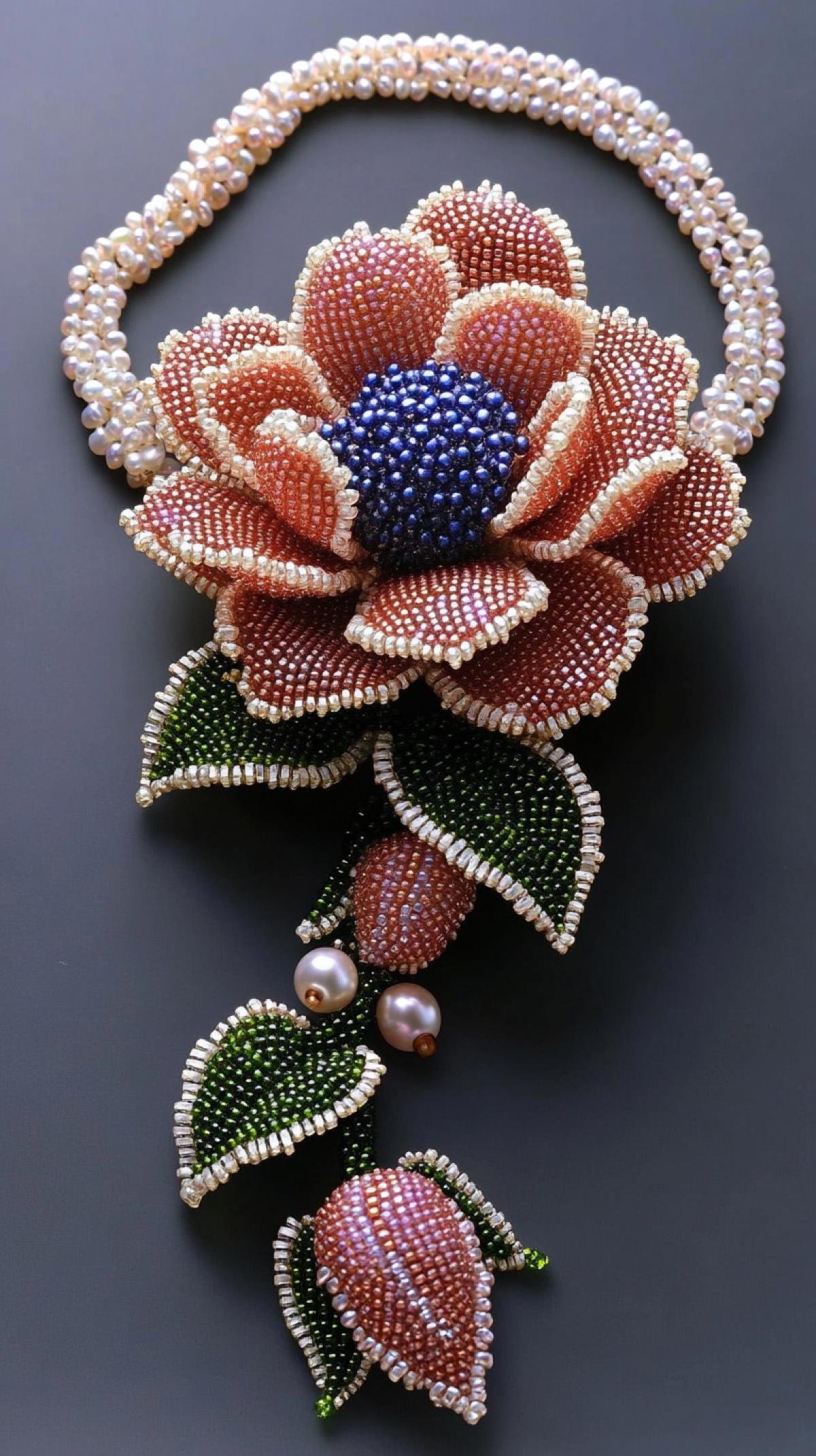 Masterpieces of floral decorations made by the Japanese master of Kazari Sakuiro beads. Necklace with flowershaped pendant made with colored crystal beads with pearl inserts
