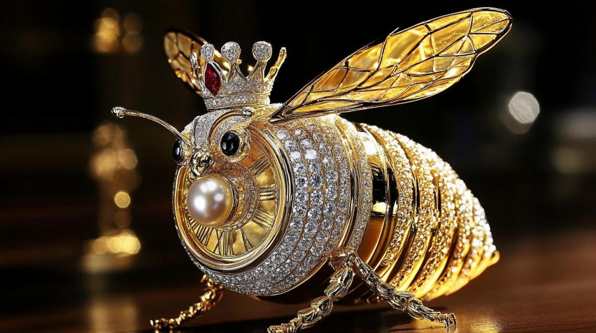 The clock is made of 18 carat yellow gold, the of the bee is decorated with canary yellow diamonds. The wings are stormed of white diamonds and a ruby -shaped cabinshaped cabin. The bee is adorned with a multiple pearl inlaid in the crown. The queen herself is sitting on 18carat yellow gold favi. In addition to the exclusive design, the peculiarity of this watch is the mobile dial, which indicates the time by moving along the axis. Andreas von Zadora-Ggerlof style, one of the most famous glittychi and stonemasons artists in the world.