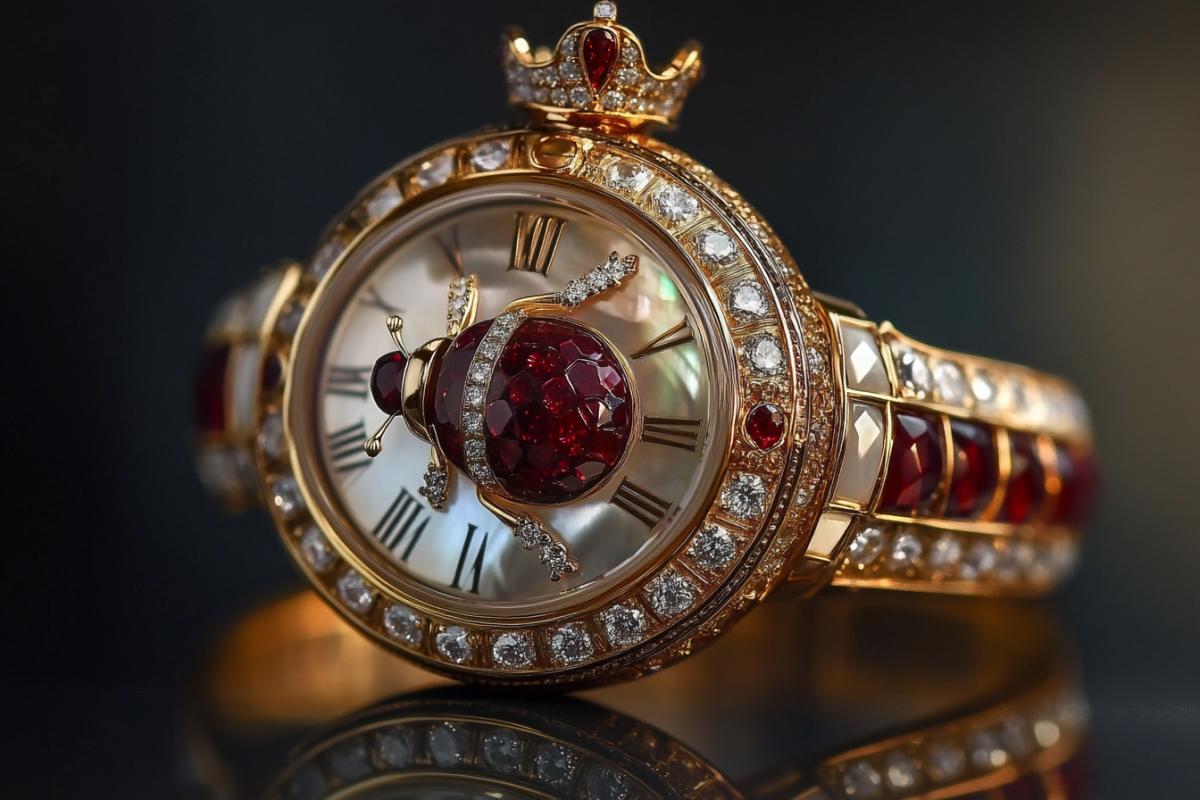 The watch is made of 18-carat gold and red rubies, the of the ladybug is decorated with diamonds and rubies. ruby cabochon. decoration with several mother-of-pearl intarsias and a crown. exclusive design, precious ladybug with diamond paws sits on a round dial with Roman numerals, dark strap made of dark garnet. background dark reflective surface, style of Andreas von Zador-Gerlof, the worlds most famous artist of glythography and 4kelini.