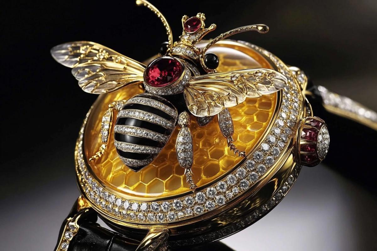 The watch is made of 18-karat gold and sapphire cabochons, the of the golden Bee is decorated with diamonds and sapphires. ruby cabochon. decoration with several mother-of-pearl intarsias and the winding crown. exclusive design, a precious Bee in a crown with diamond paws sits on a round dial with imitation gold-amber honeycomb, with Roman numerals, a strap of small diamonds in four rows. background dark reflective surface, style of Andreas von Zador-Gerlof, the worlds most famous artist of glythography and 4kelini.